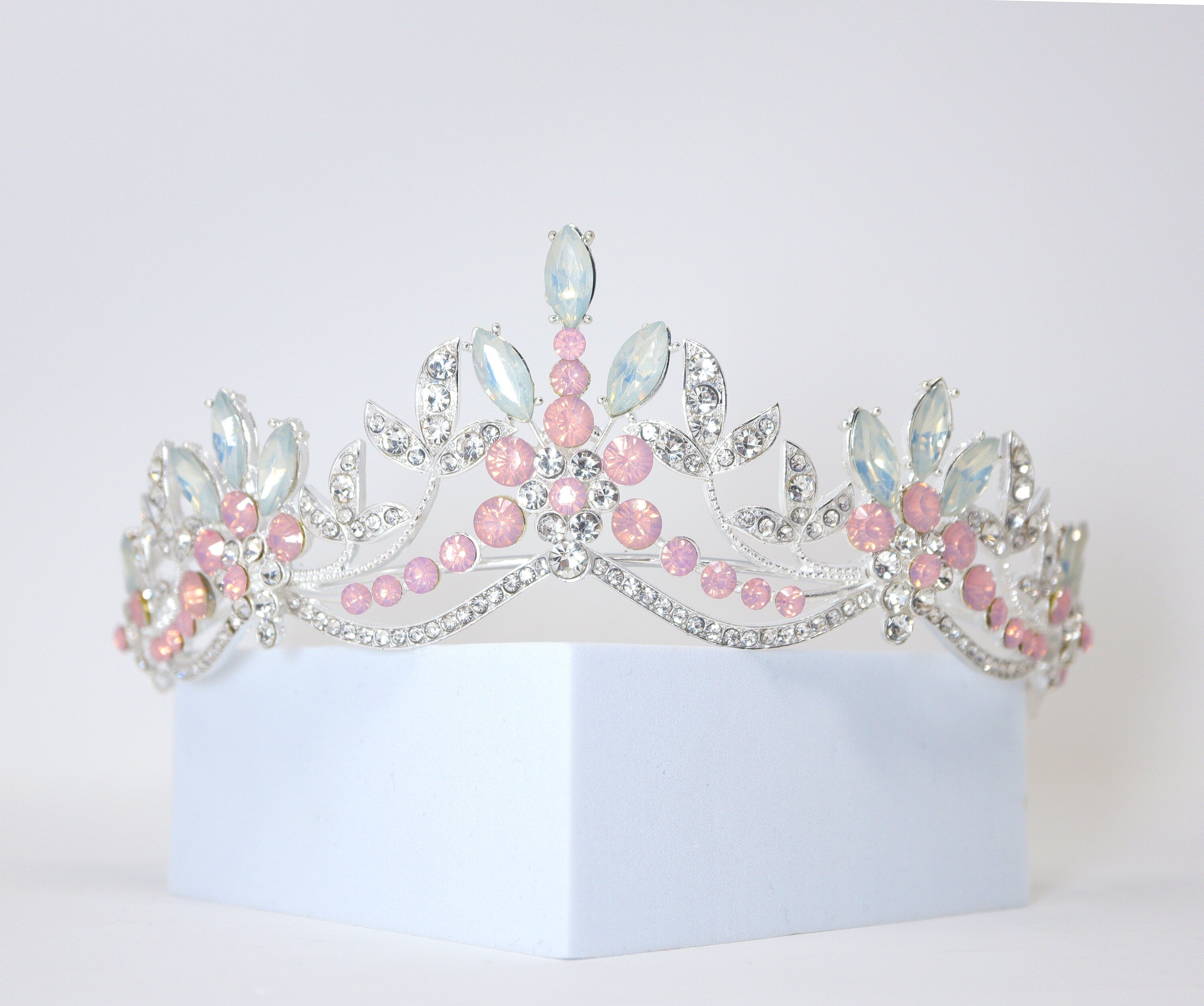 Swarovski Crystal Bridal Tiara with Blue & Pink Opal Floral Leaves - Elegant Wedding Crown for Bride, Perfect for Bridal Showers, Ceremonies & Special Occasions