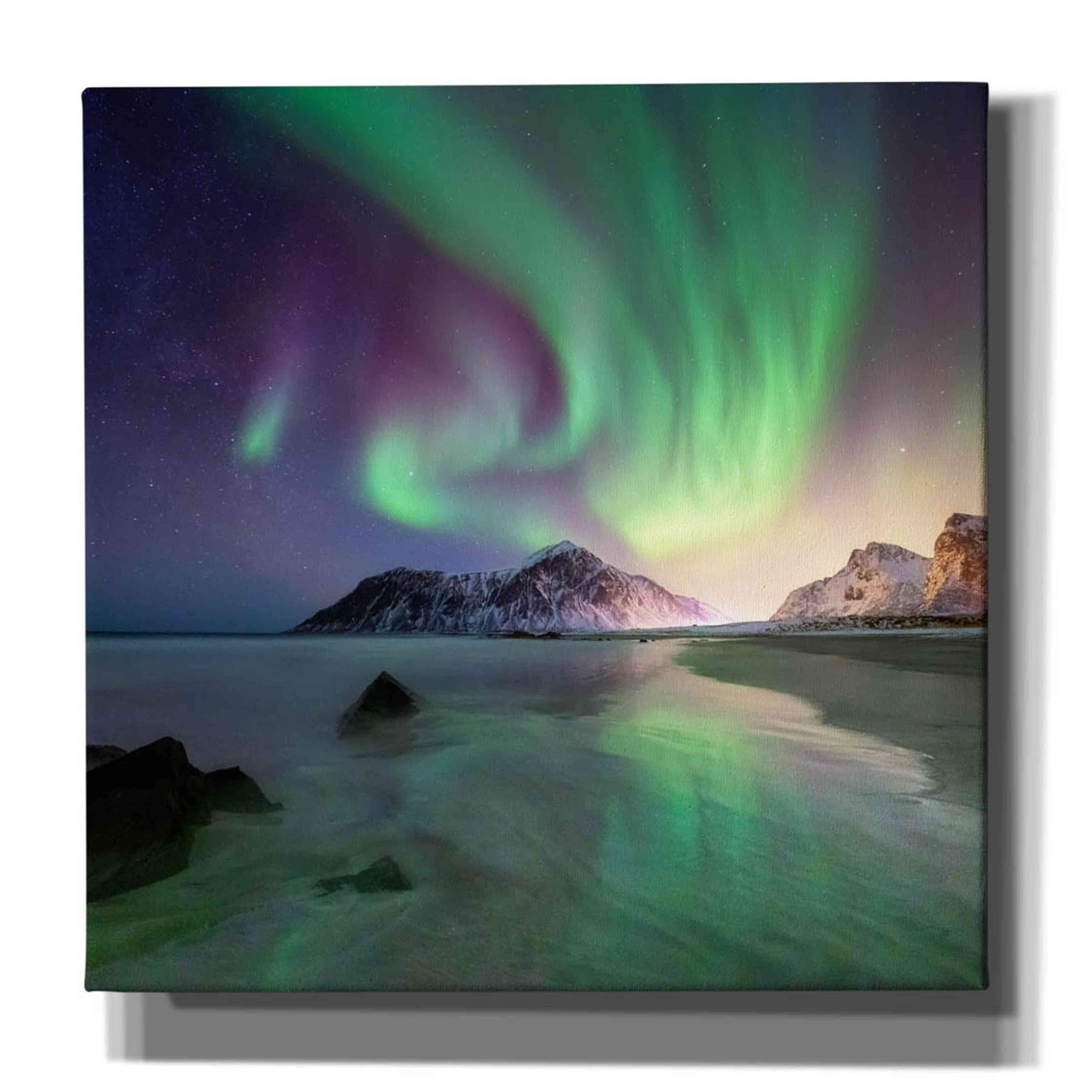 Epic Graffiti 'Northern Lights in The Lofoten Islands Norway 5' Giclee Canvas Wall Art - 26x26 Inch Nordic Landscape Painting - Perfect for Living Room, Bedroom & Office Decor