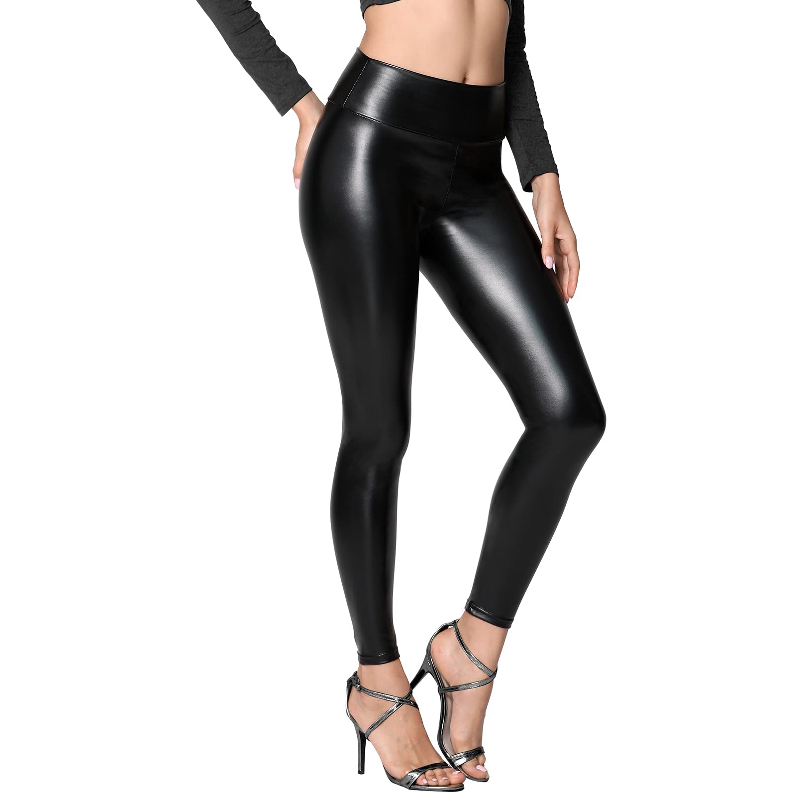 Women's Black Faux Leather Leggings - High Waisted Tummy Control Stretchy Pants for Workout, Yoga & Night Out | Elastic Pleather Tights for Women