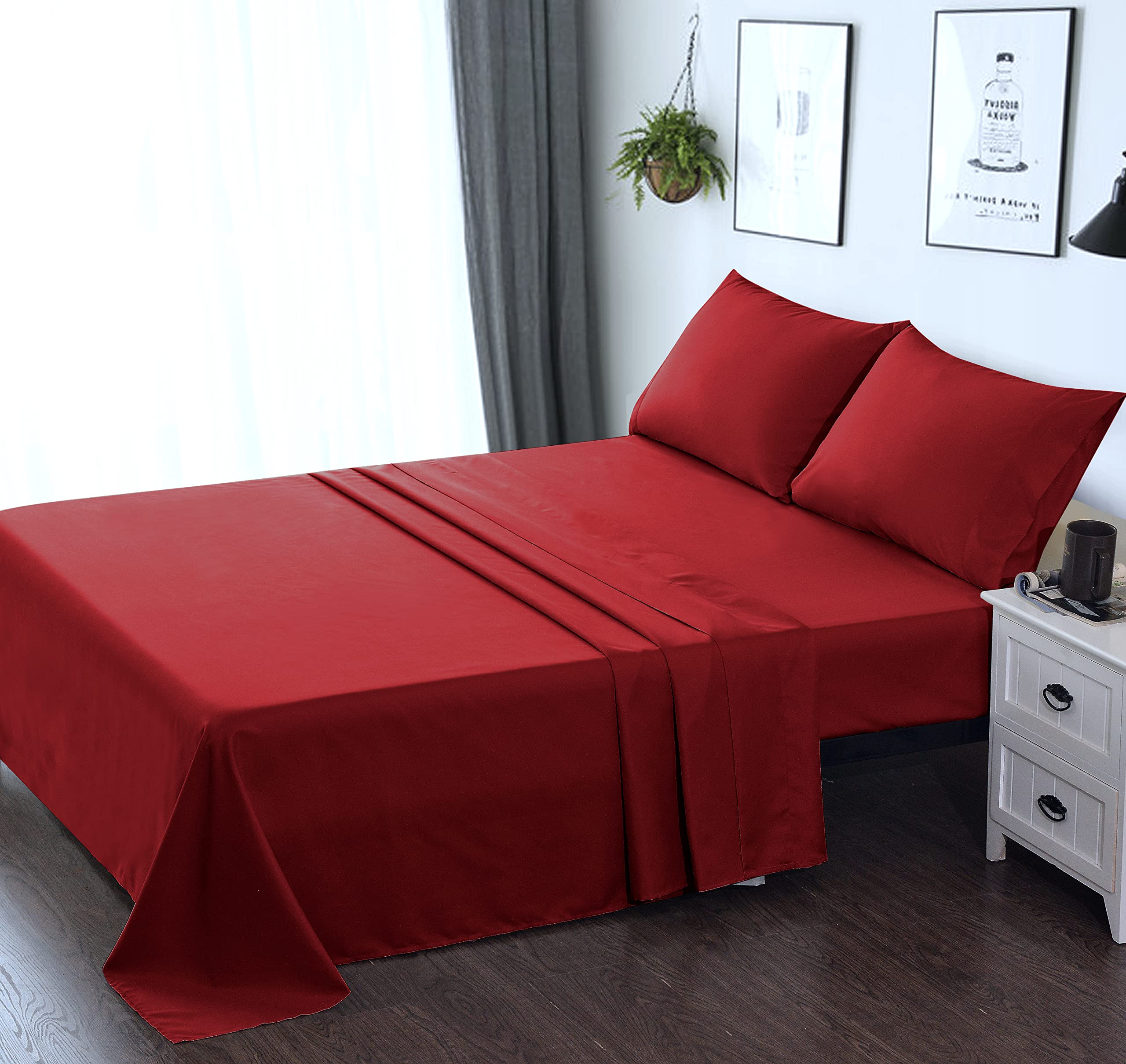 Premium 4-Piece King Size Bed Sheet Set - Breathable, Soft & Easy Care - Deep Pocket Fitted Sheet, Flat Sheet & Pillowcases - Burgundy Luxury Bedding for Master Bedroom, Guest Room & Hotel Use