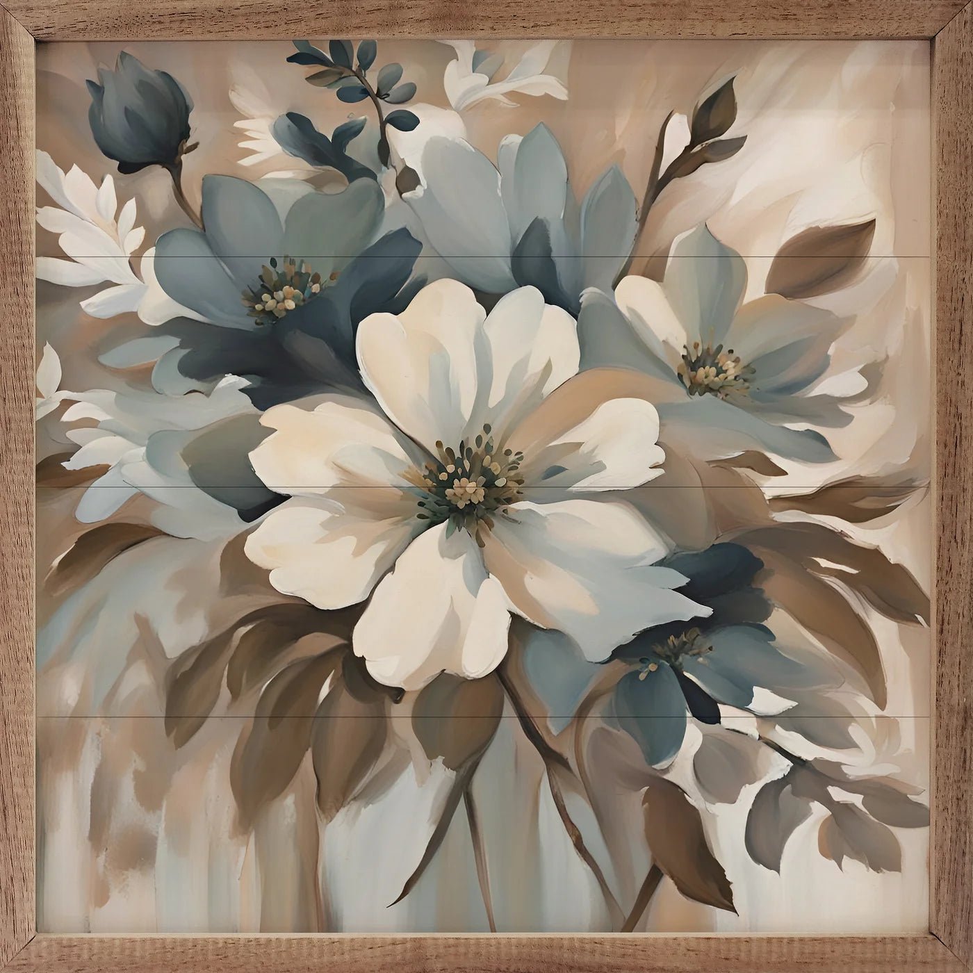 Blue and Tan Floral Wood Framed Print Wall Art - Vintage Botanical Decor for Living Room, Bedroom & Office