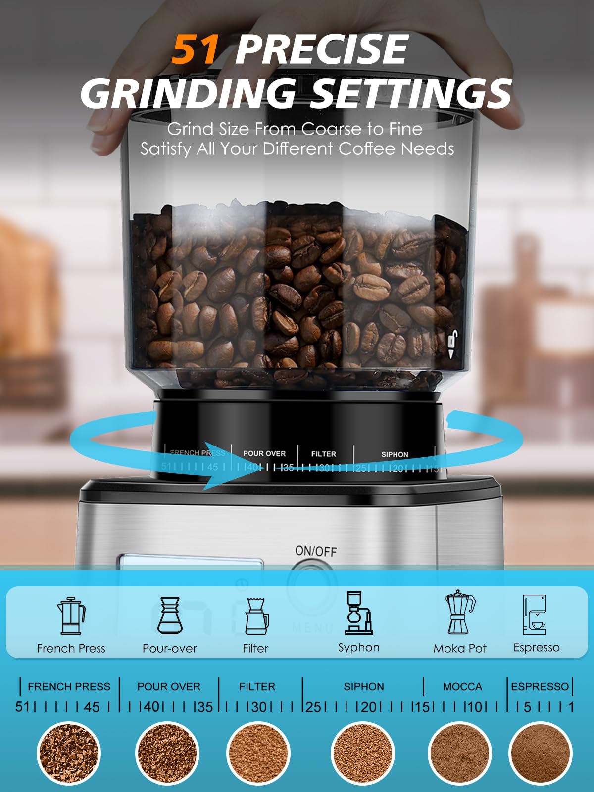 Premium Electric Coffee Grinder with Conical Burr - 51 Precise Settings, Anti-Static Design, Digital Display for Espresso & Drip Coffee - Perfect for Home Baristas & Coffee Enthusiasts (120V, 2-12 Cup Capacity) - Ideal for Morning Brews, Office Use & Entertaining Guests
