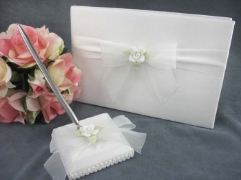 Elegant White Rose Wedding Guestbook and Pen Set - Ivory & Gold for Bridal Shower, Reception, Anniversary - Perfect for Wedding Signing Ceremony & Keepsake