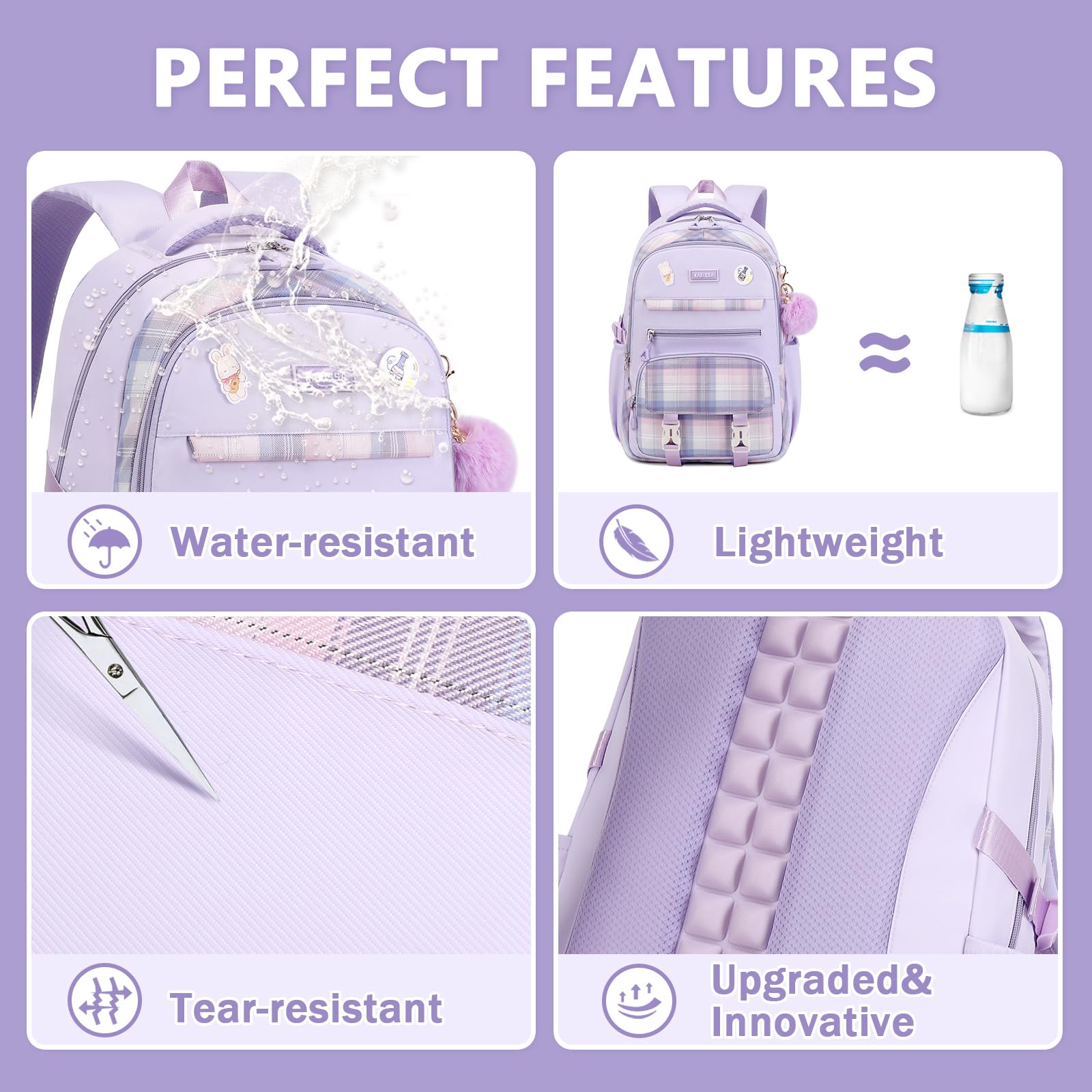 Cute Purple Girls Backpack for School - Kawaii Bookbag with Multiple Pockets for Elementary & Middle School Students (Ages 6-14) | Perfect for Daily Use, Travel & Outdoor Activities