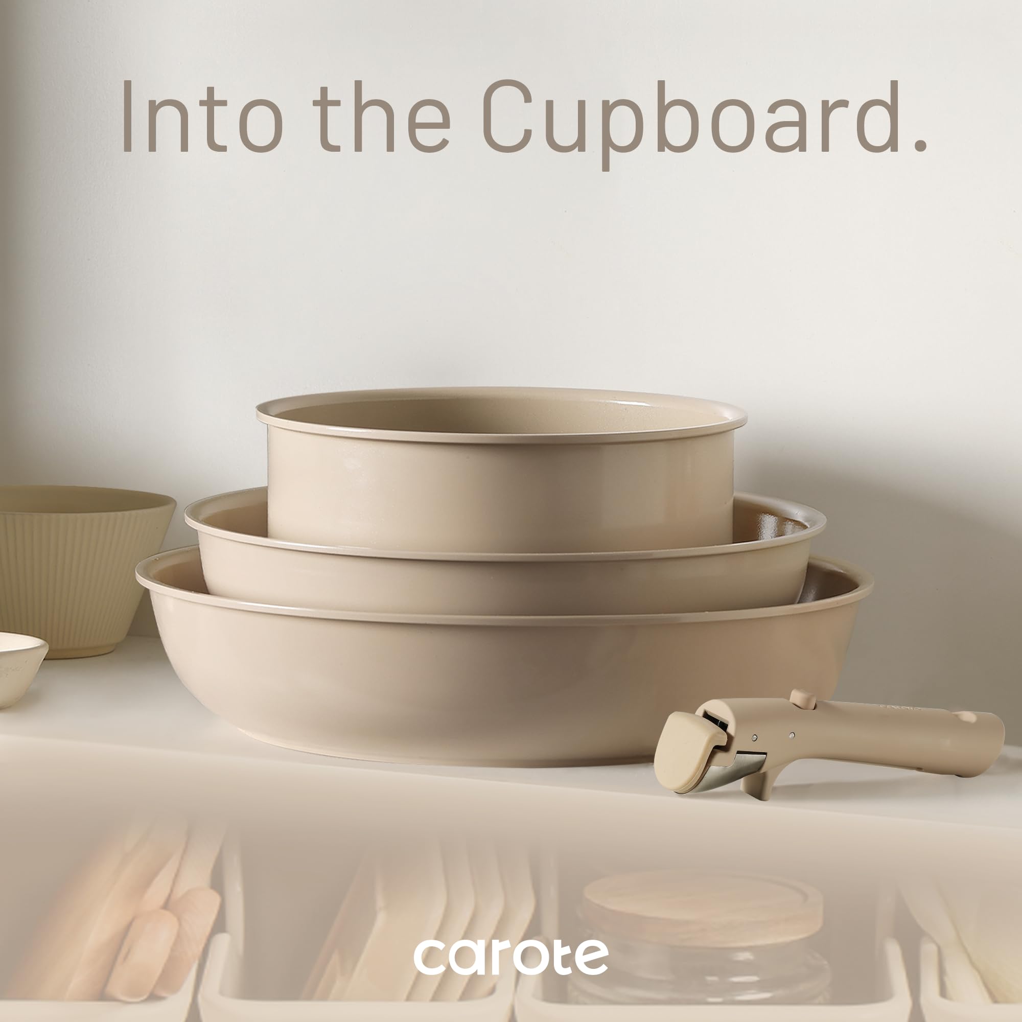 CAROTE 15-Piece Ceramic Nonstick Cookware Set - Induction Compatible Pots and Pans with Detachable Handles, Oven & Dishwasher Safe, Taupe - Perfect for RV, Apartment & Small Space Cooking