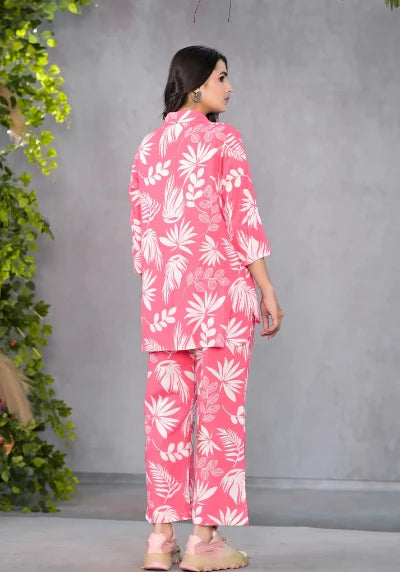 Palm Pink Printed Co-Ord Set for Women | Trendy Matching Outfit | UK Next Day Delivery | Perfect for Beach Vacations & Summer Parties