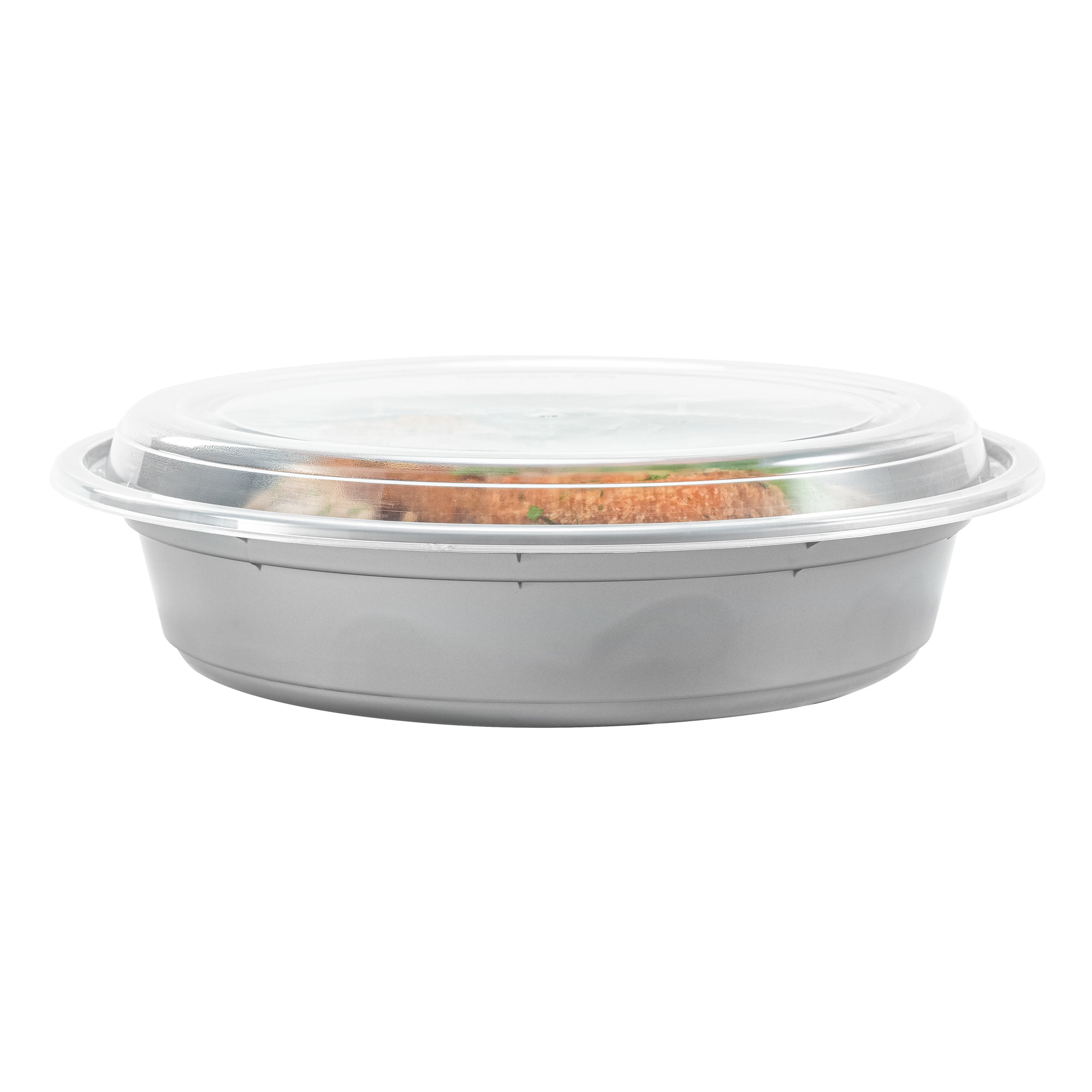 48oz Round Silver Plastic Takeout Containers with Clear Lids - 100 Pack (9