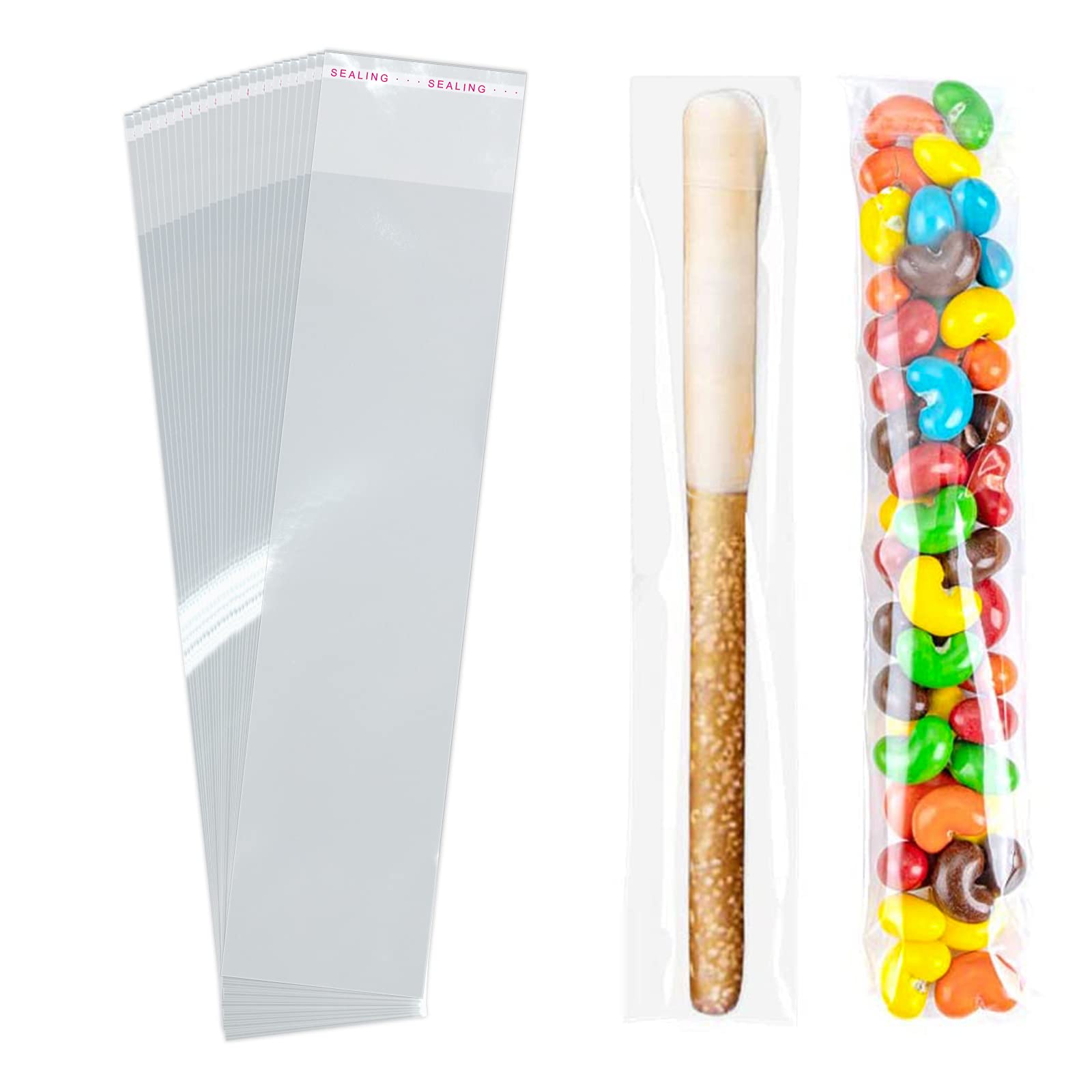 SUREHOME 100-Pack 2x8 Inch Clear Resealable Pretzel Bags - Self-Sealing Cellophane Packaging for Chocolate Covered Pretzels, Candy Sticks & Treats | Perfect for Party Favors, Gift Packaging & Snack Storage
