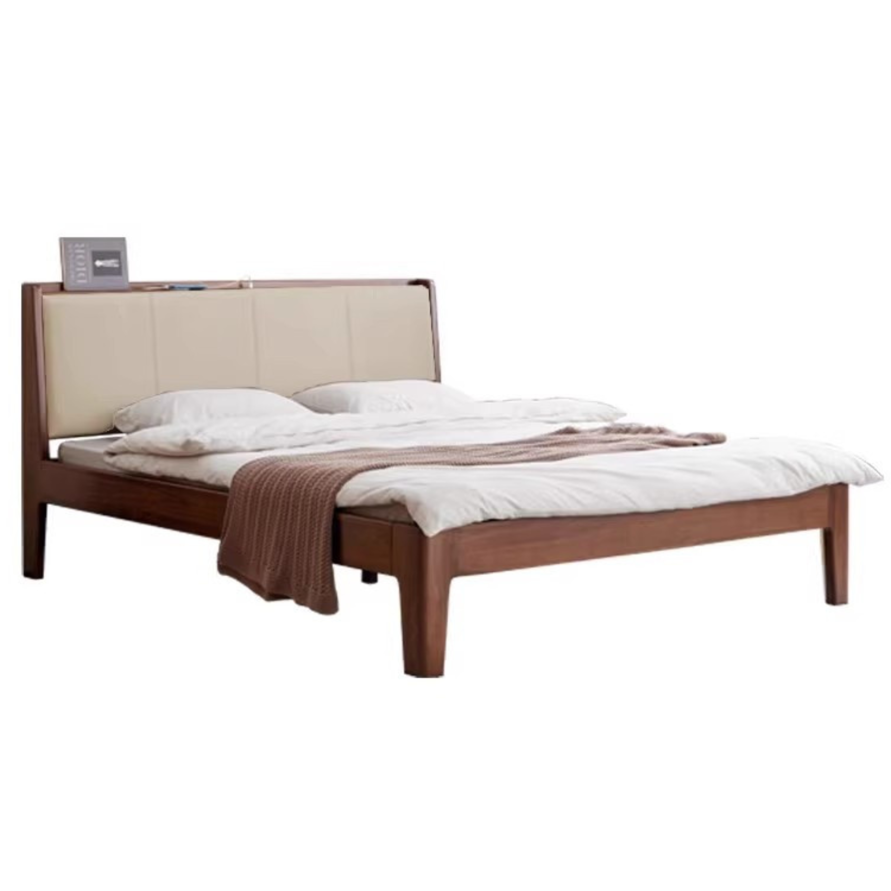 Rich Dark Walnut color High berth solid wood soft bed off-white