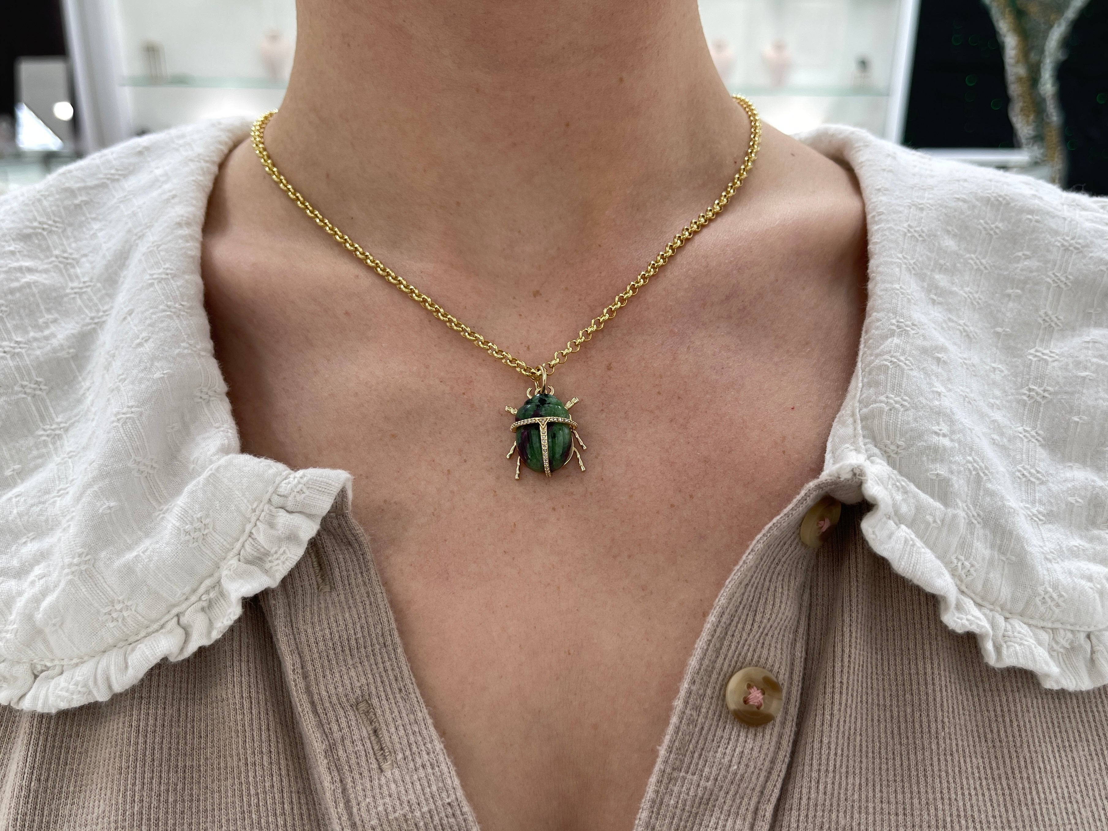 14K Gold Ruby Zoisite & Diamond Scarab Pendant Necklace - Elegant Egyptian Jewelry for Women, Perfect Gift for Birthday, Anniversary & Special Occasions