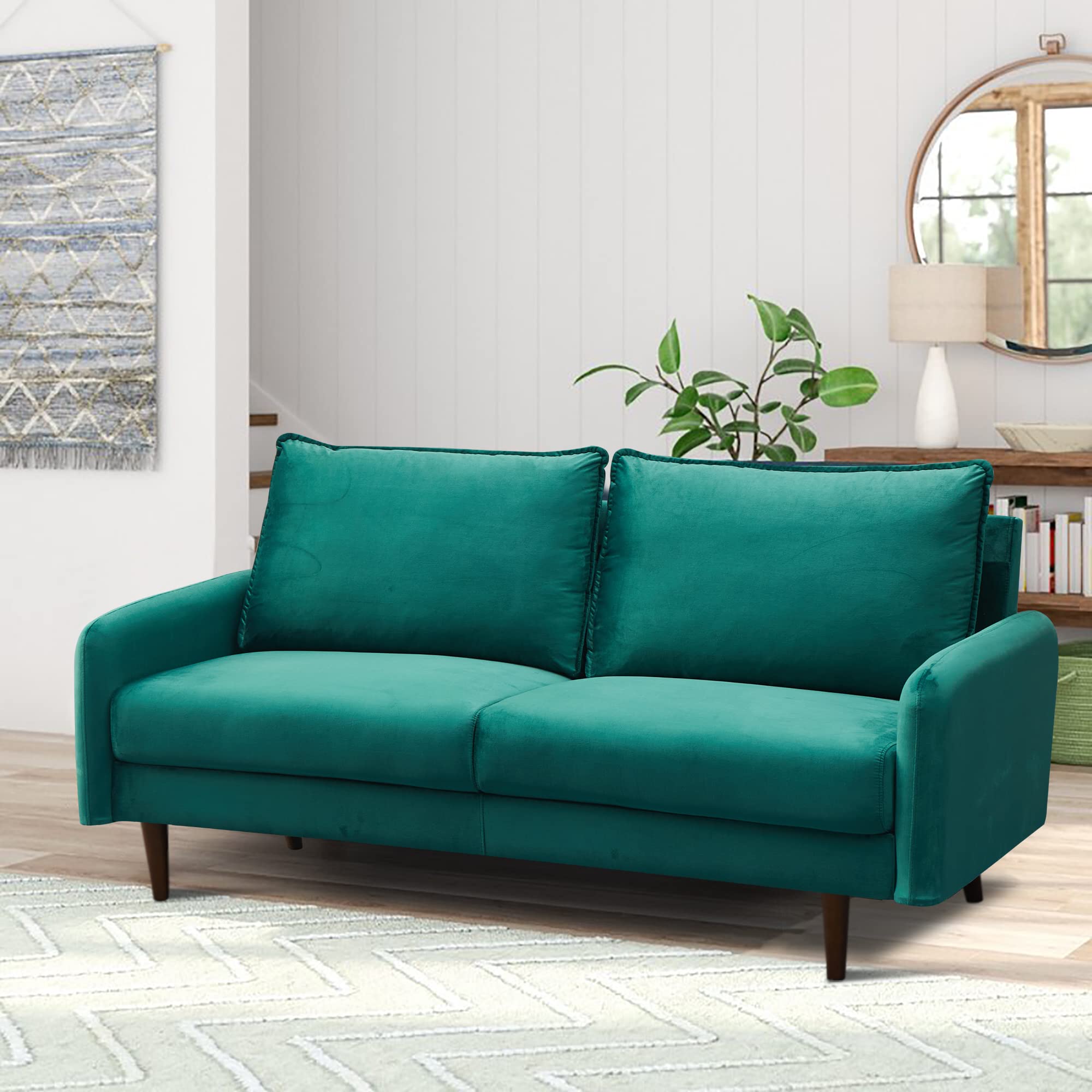 Mid-Century Modern Velvet Sofa with Wooden Legs - Green Upholstered Couch for Living Room, Lounge & Home Decor - Cozy & Stylish Seating for Relaxing & Entertaining