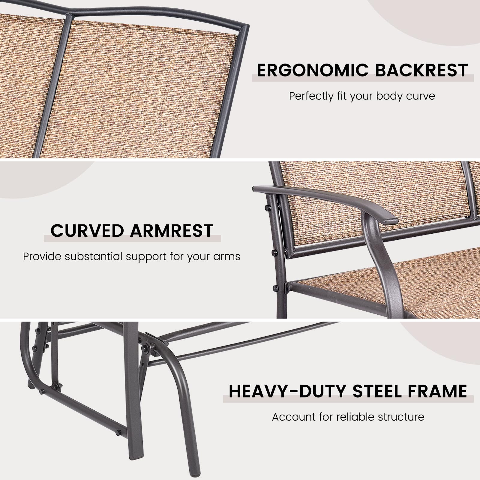 Giantex 2-Person Outdoor Patio Glider Bench - 400 lbs Capacity Steel Frame Swing Chair with Ergonomic Back Support & Premium Fabric - Brown Natural Style Loveseat for Garden, Porch, Deck & Backyard Relaxation