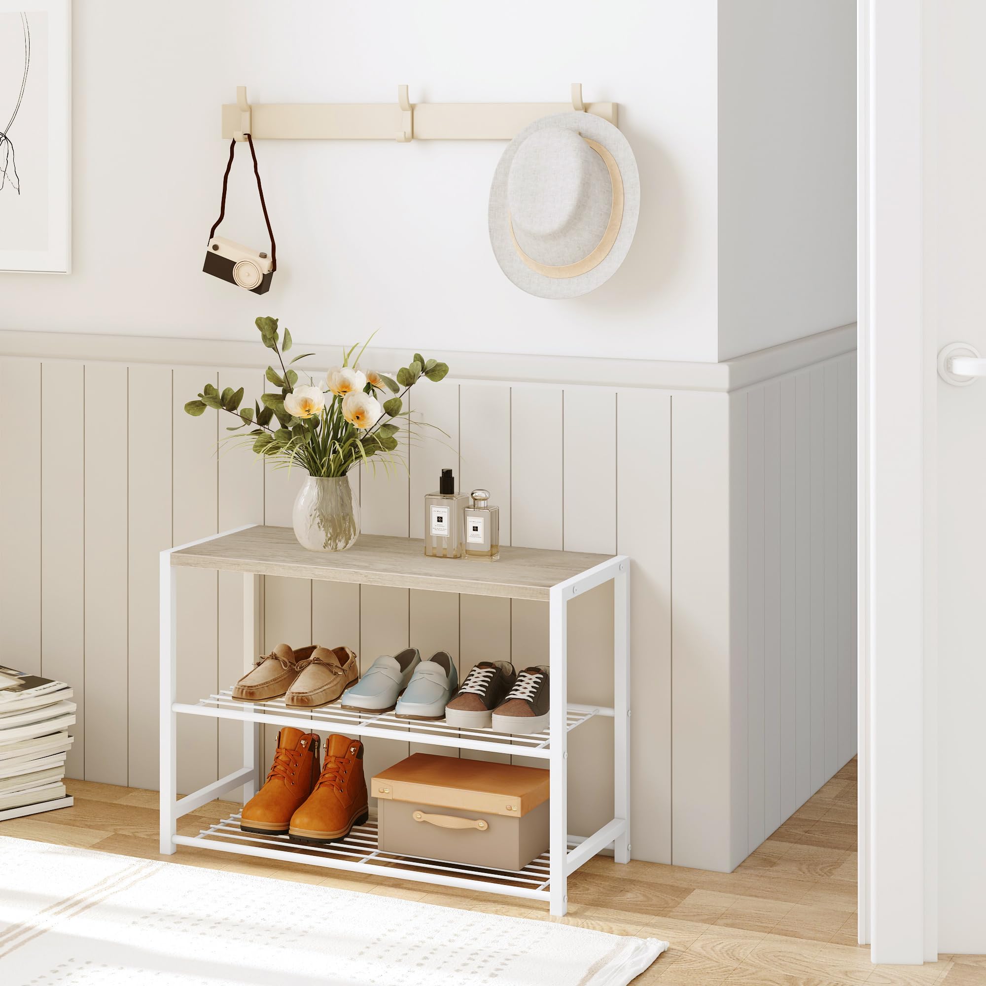 3-Tier Industrial Shoe Rack Organizer - Narrow Sturdy Metal Shoe Storage Shelf for Closet & Entryway - Space Saving Shoe Organizer for Small Spaces - White (Perfect for Apartments, Dorms & Mudrooms)