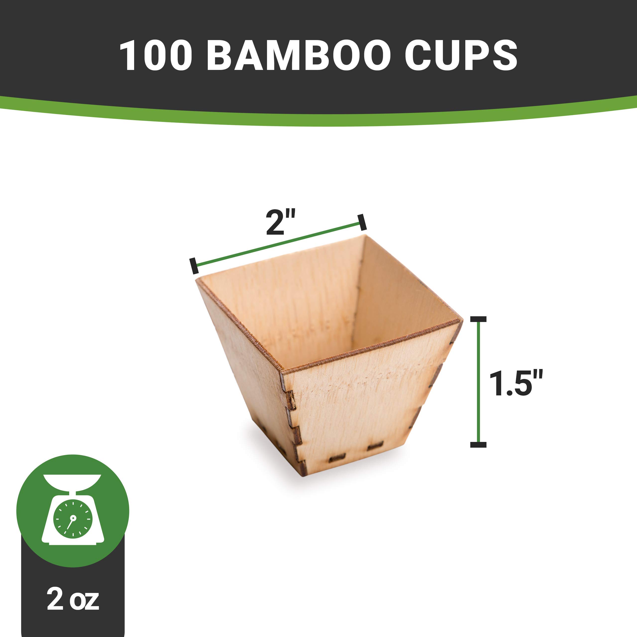 Eco-Friendly 2 oz Bamboo Appetizer Cups - 100-Pack Square Mini Dessert Bowls | Durable Disposable Tasting Bowls for Snacks, Samples, Parties & Catering Events