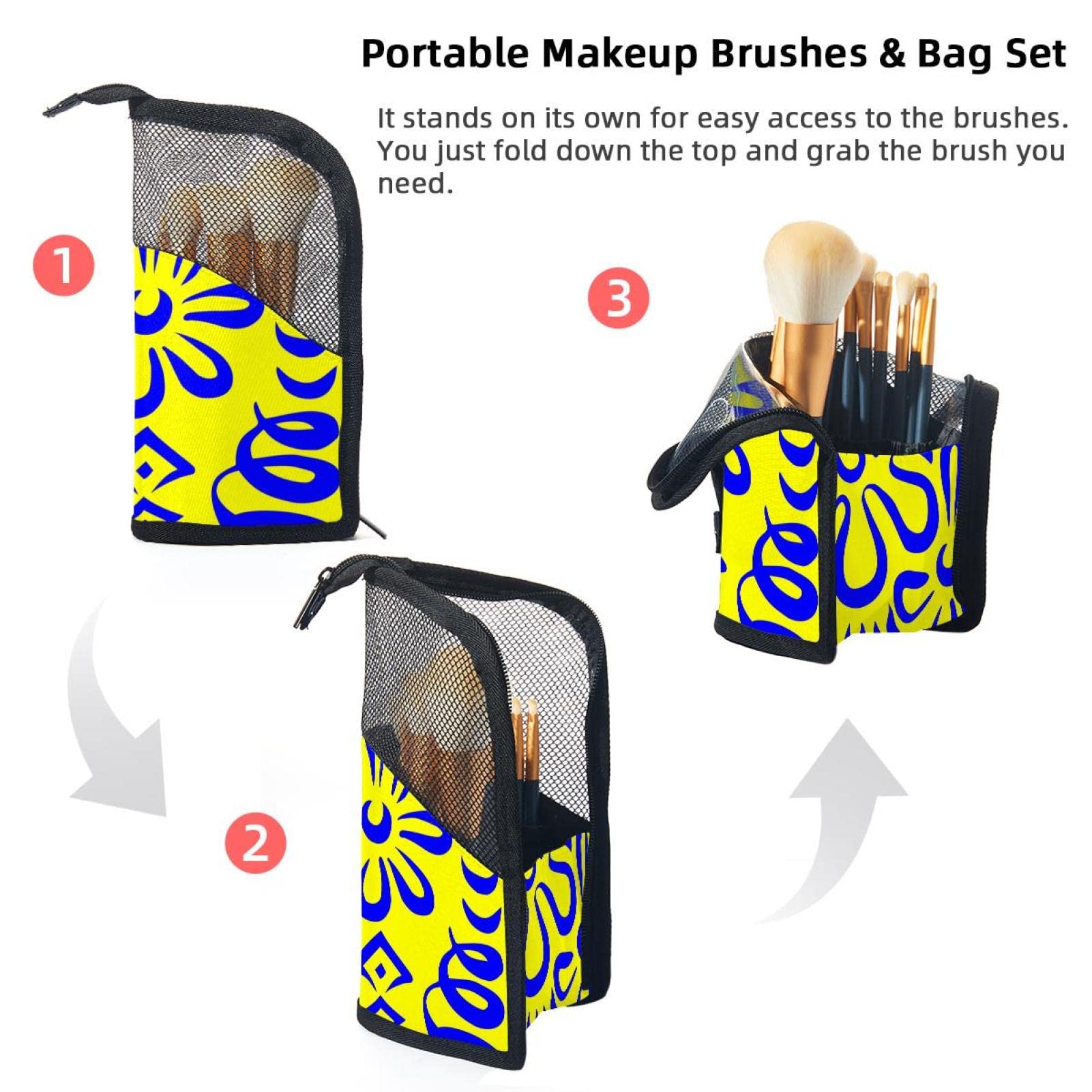 12-Piece Makeup Brush Organizer Bag with Artistic Geometric Flower Pattern - Portable Travel Cosmetic Brush Holder Case for Professional & Home Makeup Artists