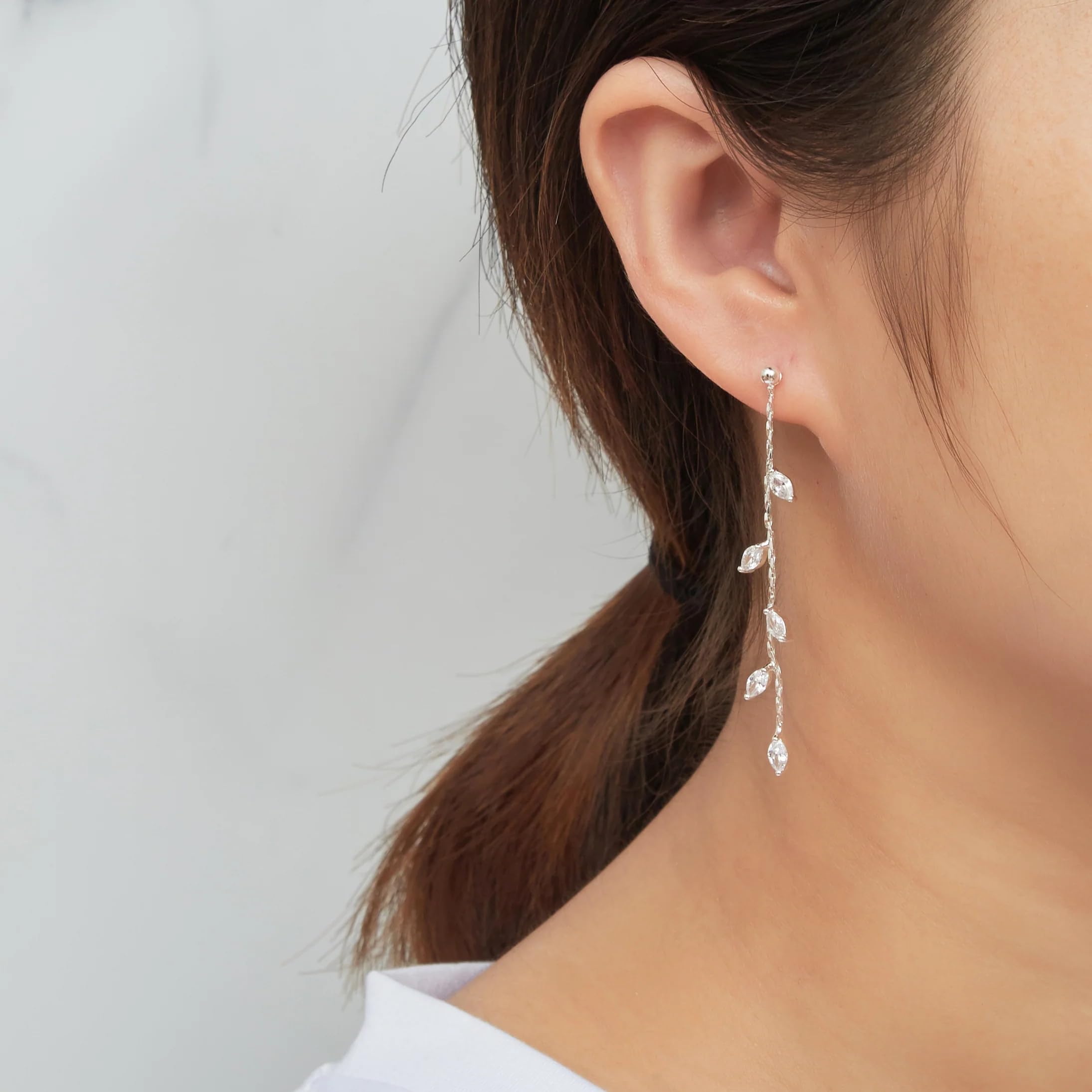 Silver Plated Leaf Earrings with Zirconia Crystals for Women - Elegant Party Jewelry
