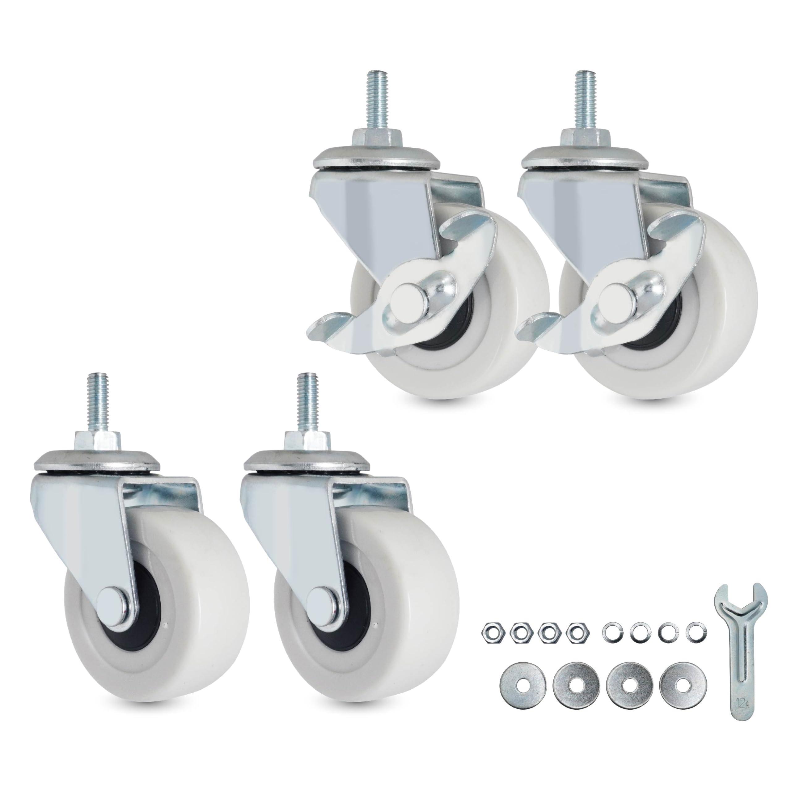 2 Inch M6 Threaded Stem Caster Wheels - PVC Silent Noiseless Non-Scratch Casters for Tiny Shelves & Storage Carts - Set of 2 Brake & 2 Swivel Wheels - Perfect for Office, Kitchen, Laundry Room & Home Organization