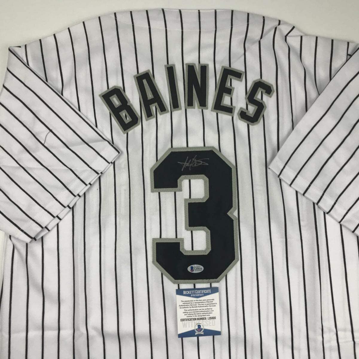 Authentic Autographed Harold Baines Chicago White Sox Pinstripe Baseball Jersey with Beckett BAS COA - Perfect for Collectors, Sports Memorabilia Displays, and White Sox Fans