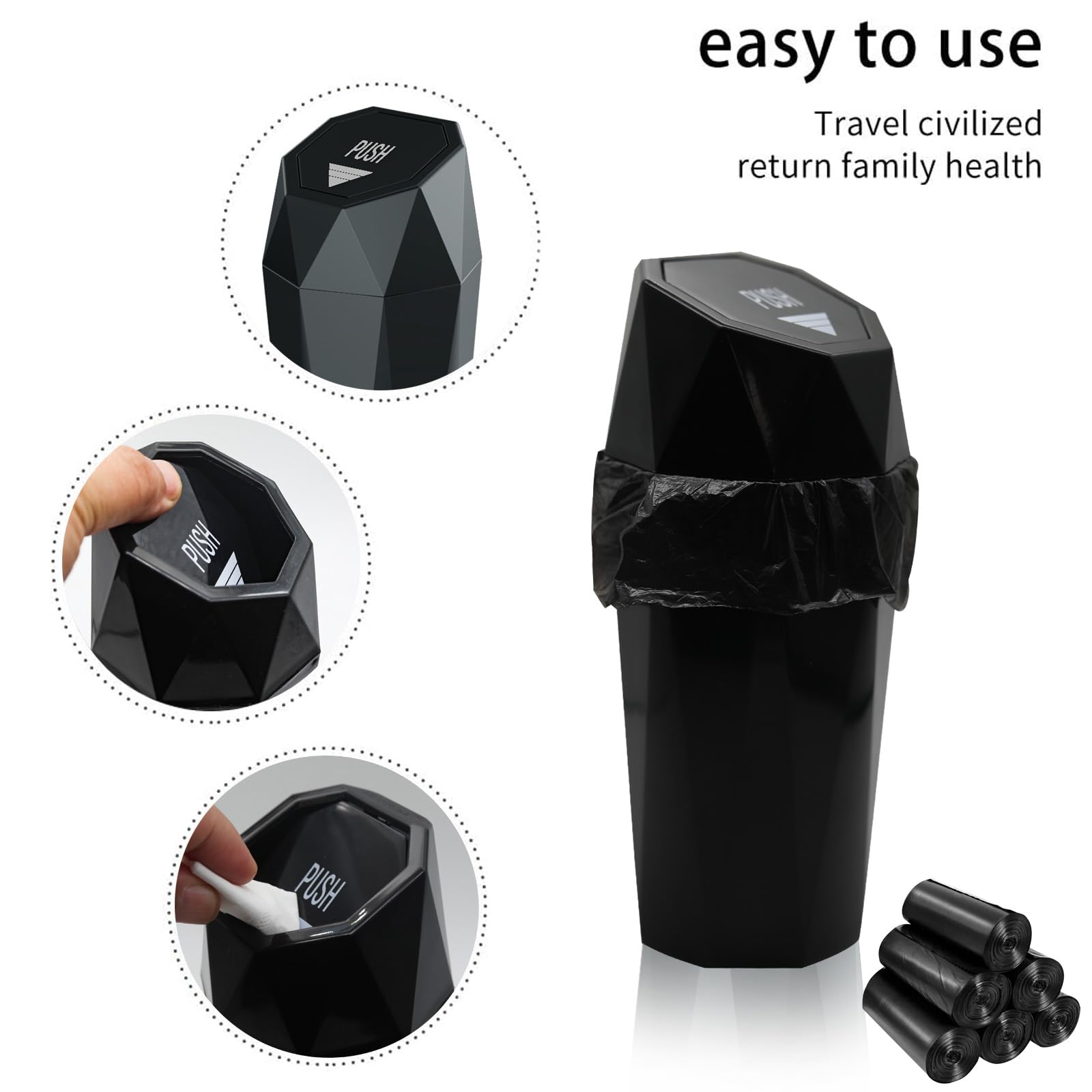 Leakproof Car Trash Can with Lid - Mini Interior Organizer with 90 Bags & 2 Hooks - Essential Auto Accessories for Road Trips, Commuting & Family Travel