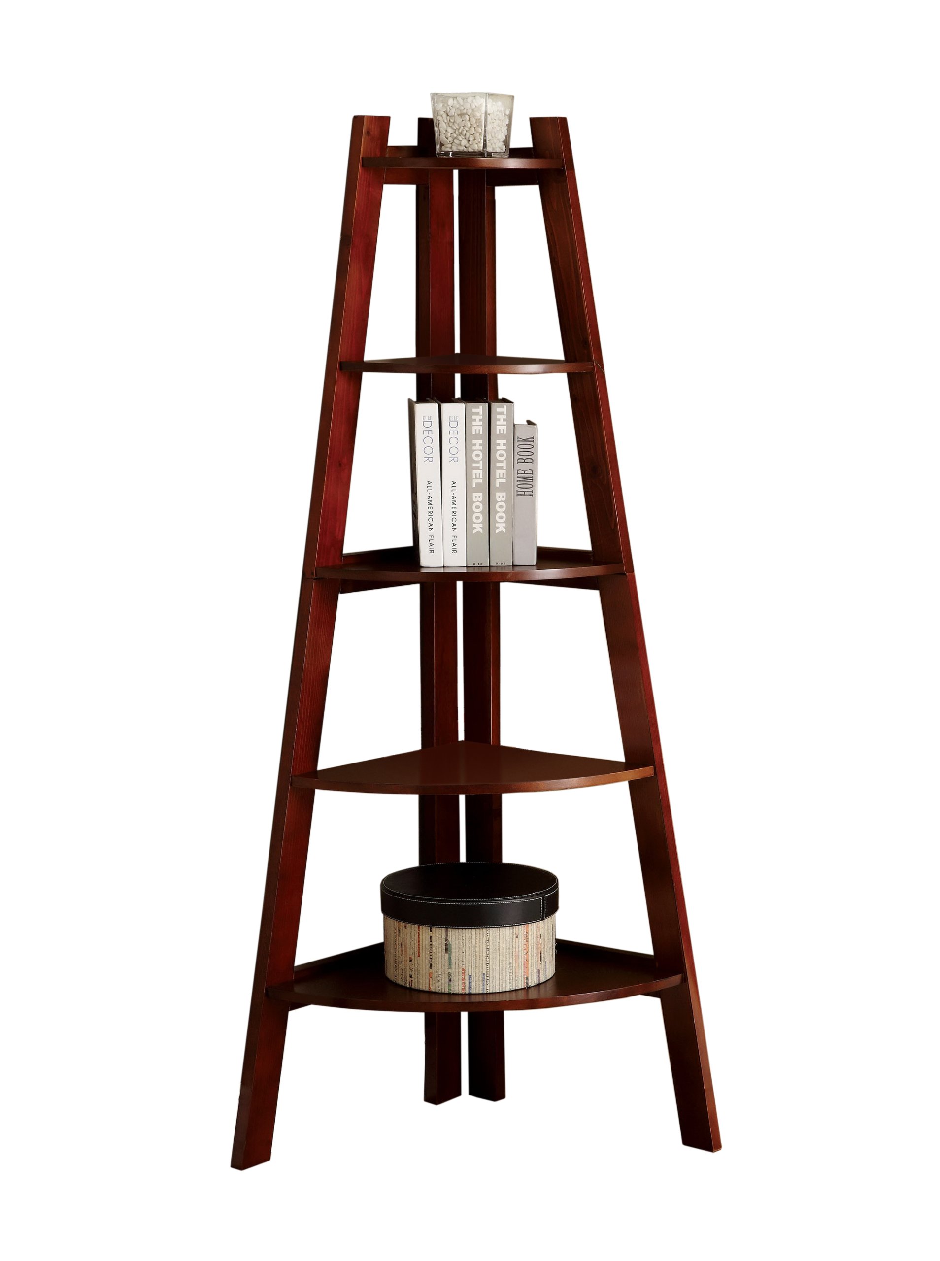 Furniture of America Andrea Corner Bookcase in Cherry Finish - Stylish Storage for Living Room, Office, or Bedroom