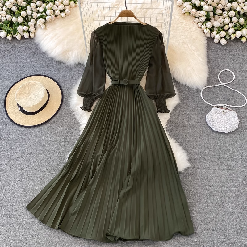 High Waist Round Neck Swing Dress - Elegant Pleated Long Skirt for Women | Spring & Autumn Fashion | Perfect for Office, Party & Casual Wear