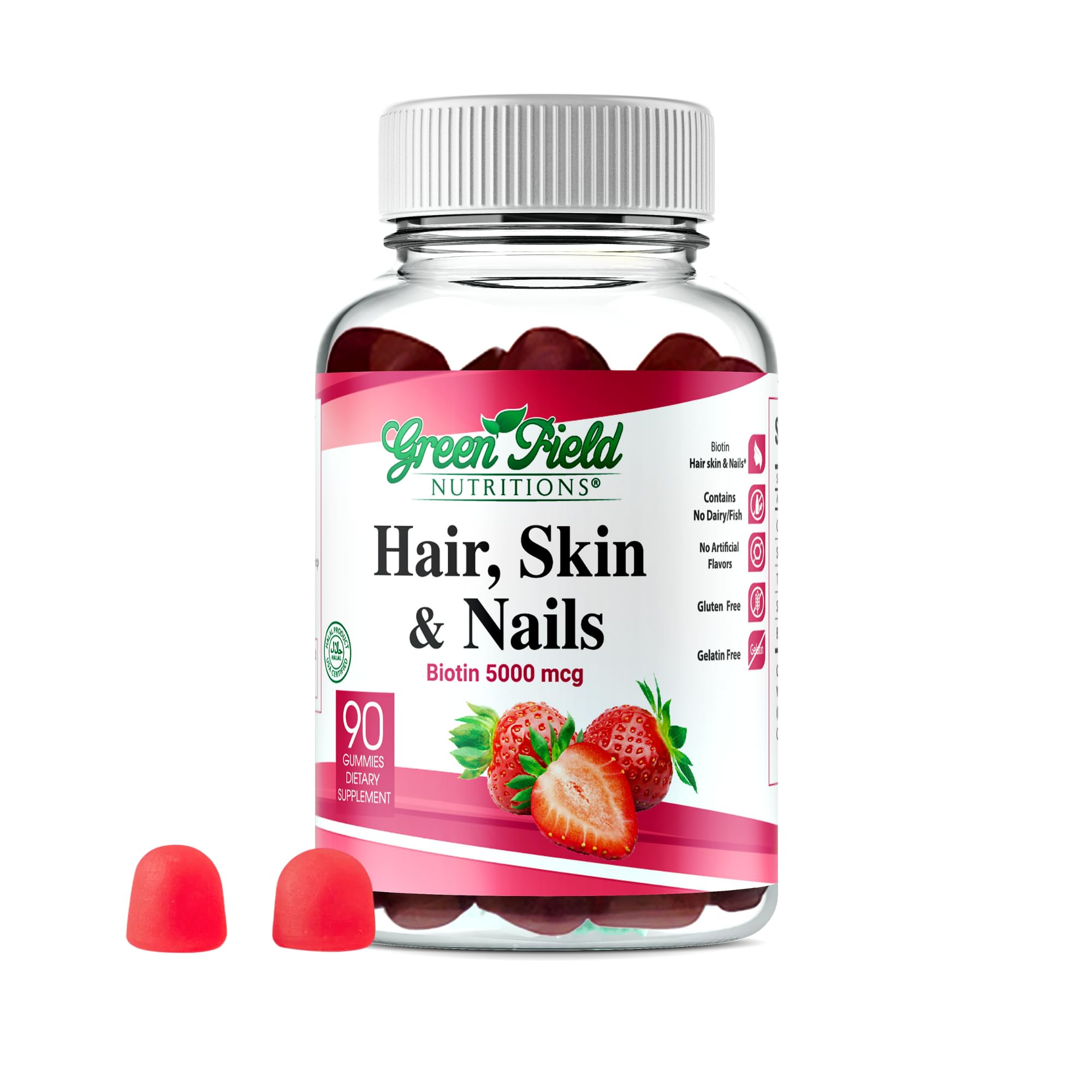 Halal Biotin Gummies for Hair Growth, Skin & Nails - Vitamin B7 Supplement for Strong Nails, Clear Skin & Fat Metabolism - Gelatin Free, Non-GMO, Gluten Free - 90 Count - Perfect for Daily Beauty & Wellness Routine