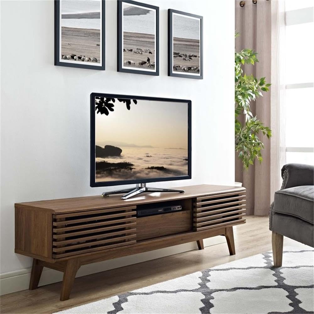 Allora 2-Shelf Modern Walnut Wood TV Stand for 55-59 Inch Flat Screen TVs - Entertainment Center with Storage for Living Room, Bedroom & Home Theater