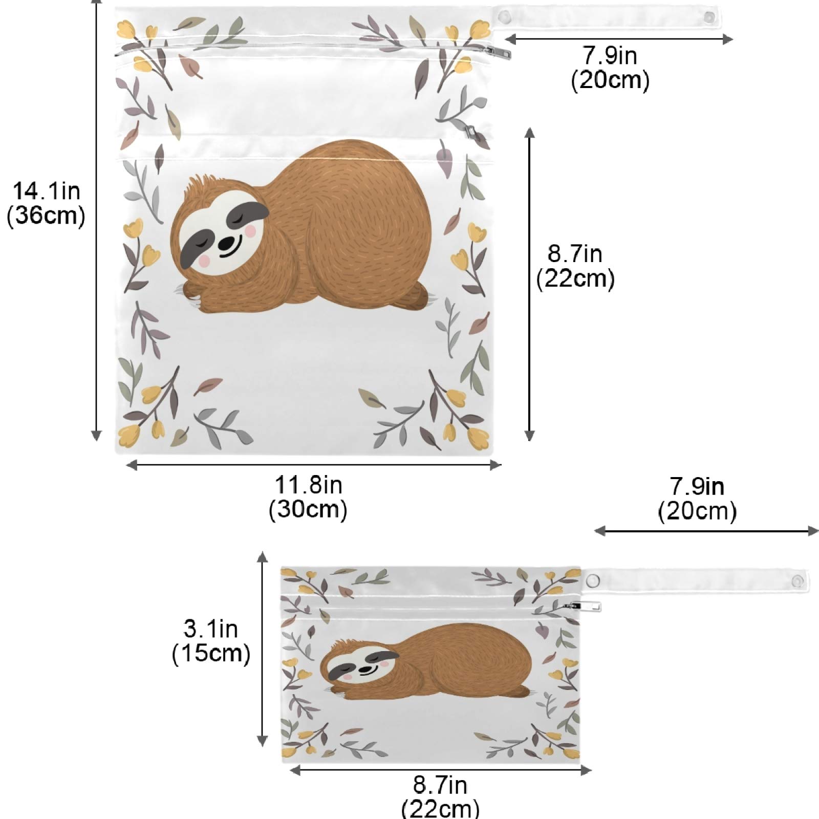 Visesunny Sloth 2-Pack Waterproof Wet Bags with 2 Zippered Pockets & Snap Handle - Reusable Washable Storage for Diapers, Swimsuits, Gym Clothes - Perfect for Travel, Beach, Pool, Daycare, Stroller & Toiletries Organization