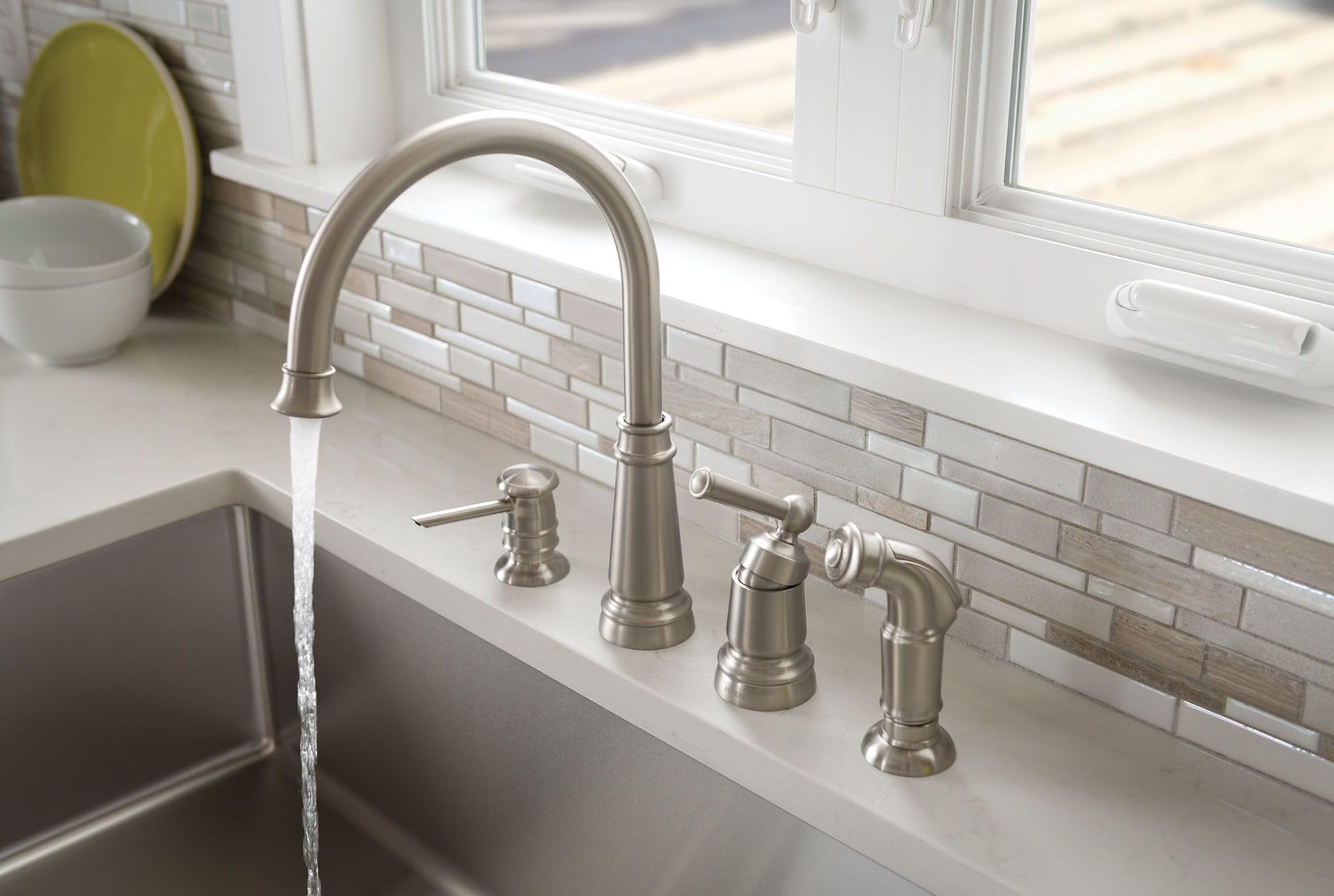 Moen 87042SRS Spot Resist Stainless Steel One-Handle High Arc Kitchen Faucet with Side Sprayer & Soap Dispenser - 4 Hole Installation for Modern Kitchens | Perfect for Cooking, Washing Dishes & Food Prep