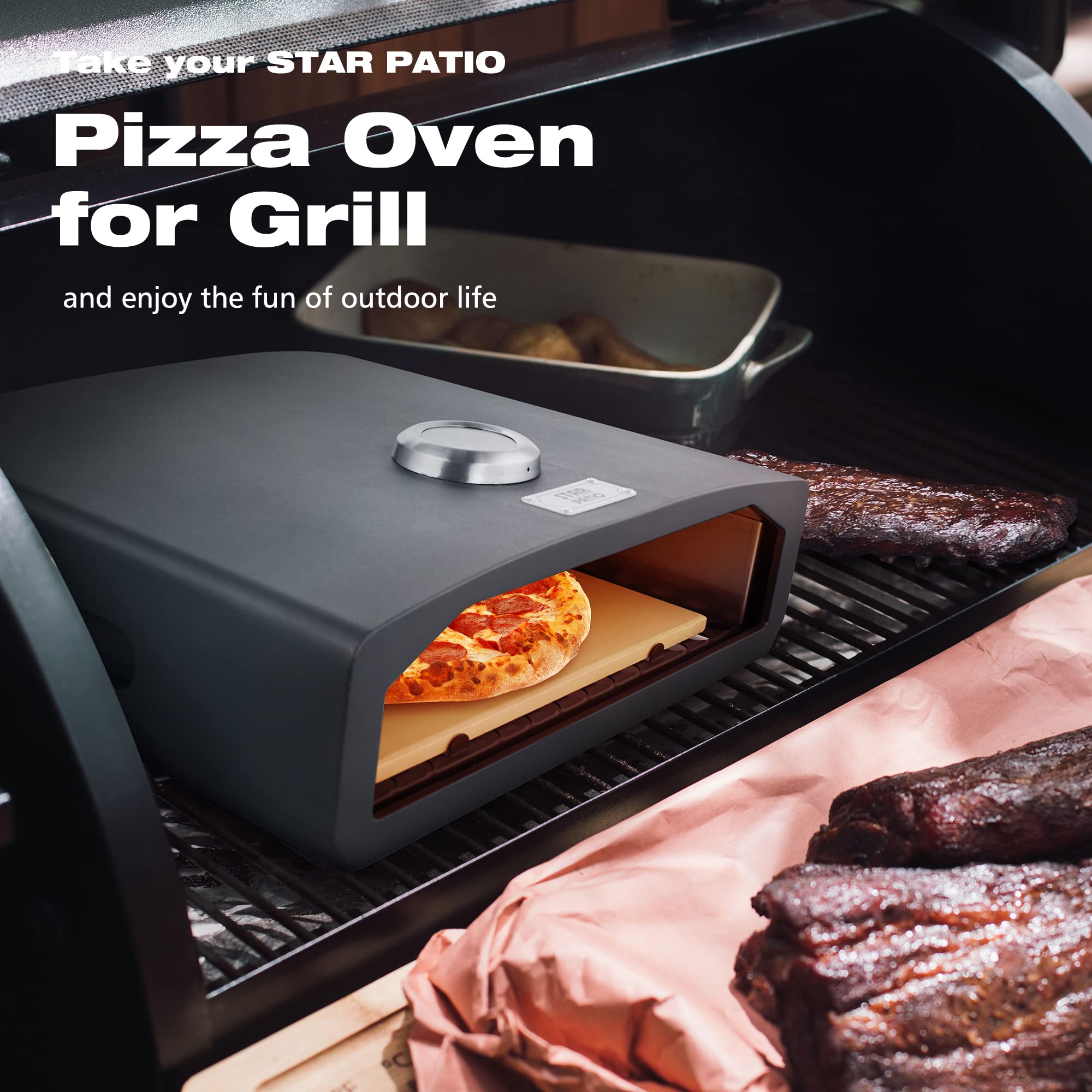 Portable Outdoor Pizza Oven for Grill - Stainless Steel Pizza Maker with Pizza Stone, Peel & Thermometer - Perfect for Backyard, Camping, Tailgating & Patio Parties (PZB-002)