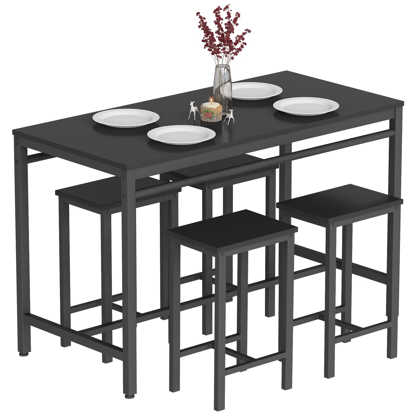 **AWQM 5-Piece Modern Bar Table Set - Counter Height Dining Table & 4 Wooden Bar Stools for Small Spaces, Apartments, Pubs & Dining Rooms - Perfect for Breakfast Nooks, Kitchen Islands & Entertaining (Black)**