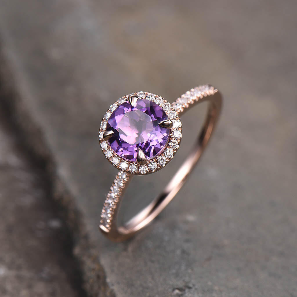 7mm Natural Round Cut Amethyst Engagement Ring - 14K Rose Gold Halo Prong Setting with Diamond Accents | Perfect for Weddings, Anniversaries & Romantic Proposals