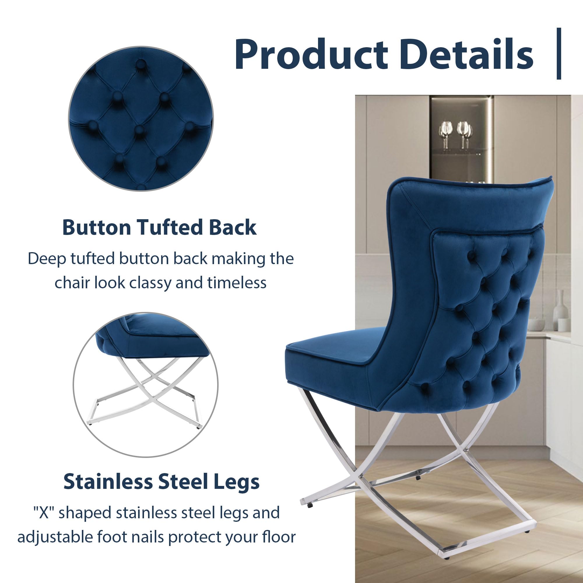 Modern Stainless Steel Legs Velvet Dining Chairs Set of 2 - Royal Blue Upholstered Button Tufted Back Chairs with Solid Piping | Elegant Dining Room Furniture for Home, Restaurant & Office Use
