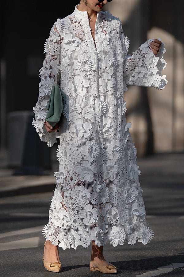 Elegant Solid Color Hollow Embroidery Loose Long Sleeve Midi Dress for Women - Perfect for Casual Outings, Date Nights & Summer Vacations