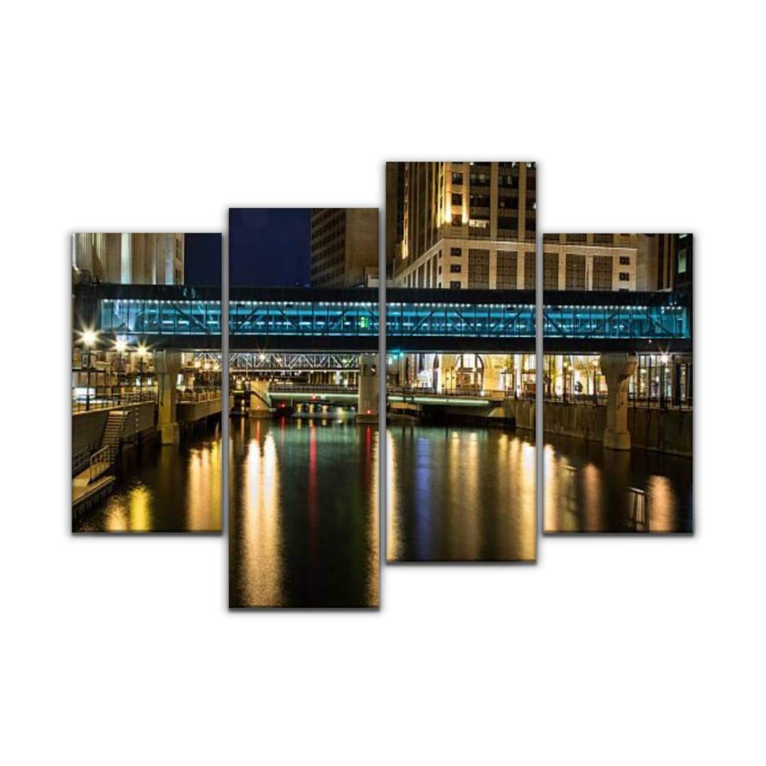 Milwaukee Cityscape Wall Art - Downtown River Walkway Canvas Prints, 4 Panel Modern Landscape Oil Painting for Home Decor | Perfect for Living Room, Office & Gift Giving