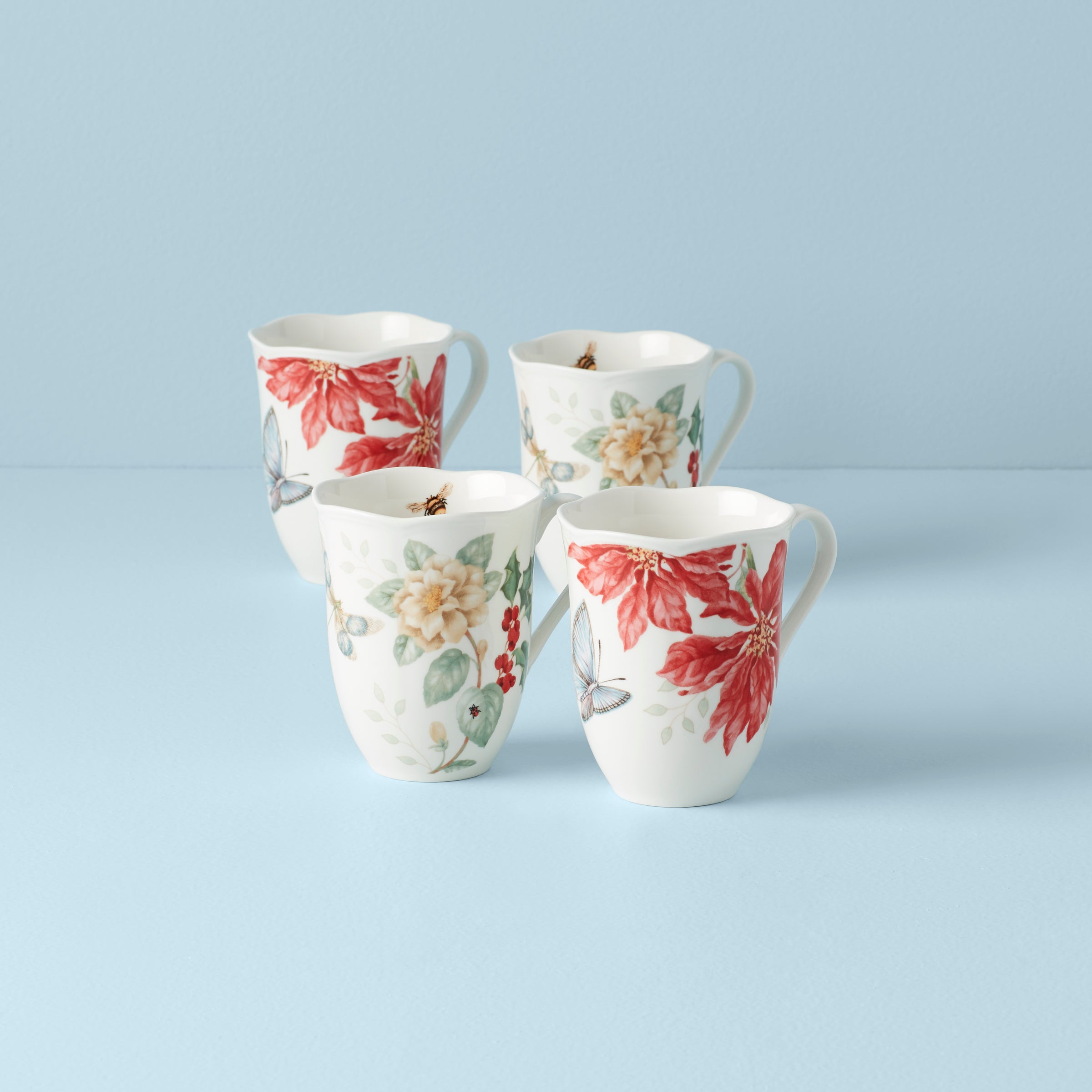 Butterfly Meadow Holiday Coffee Mugs Set of 4 - Ceramic Christmas Tea Cups for Hot Cocoa, Gift Giving & Cozy Winter Mornings