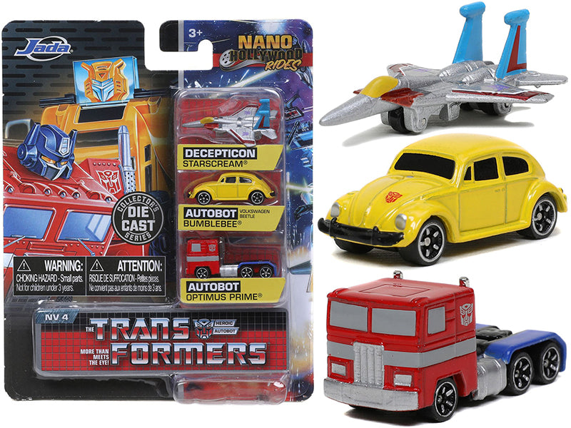 Jada Toys Transformers 3-Piece Diecast Car Set - Nano Hollywood Rides Collection (Bumblebee, Optimus Prime, Megatron) - Perfect for Movie Fans, Collectors & Kids Playtime