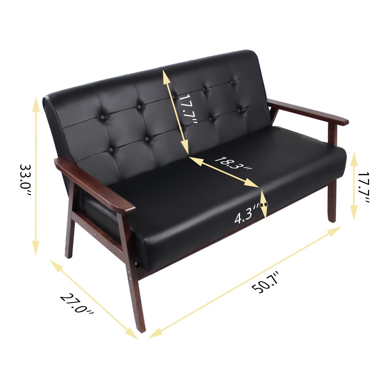 Premium Black Faux Leather Sofa Set - 2 Accent Chairs & 1 Loveseat | Mid-Century Modern Living Room Furniture for Small Spaces, Office Waiting Areas & Home Decor | Durable & Stylish Seating Solution