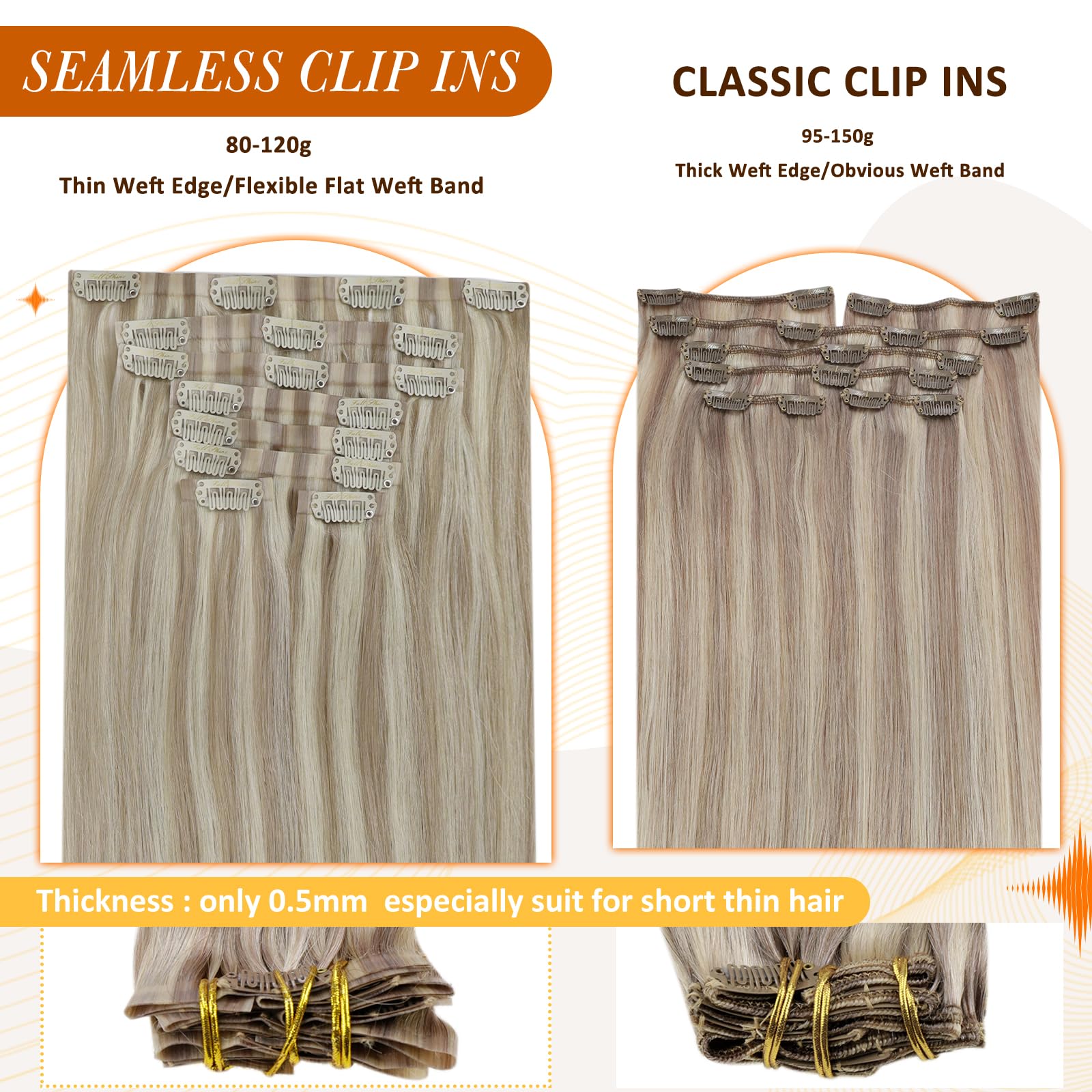 Ash Blonde Clip in Hair Extensions 16 Inch 8pcs 120g - 100% Real Human Hair with Thick Ends & Seamless Blonde Highlights | Perfect for Daily Styling, Parties & Special Occasions