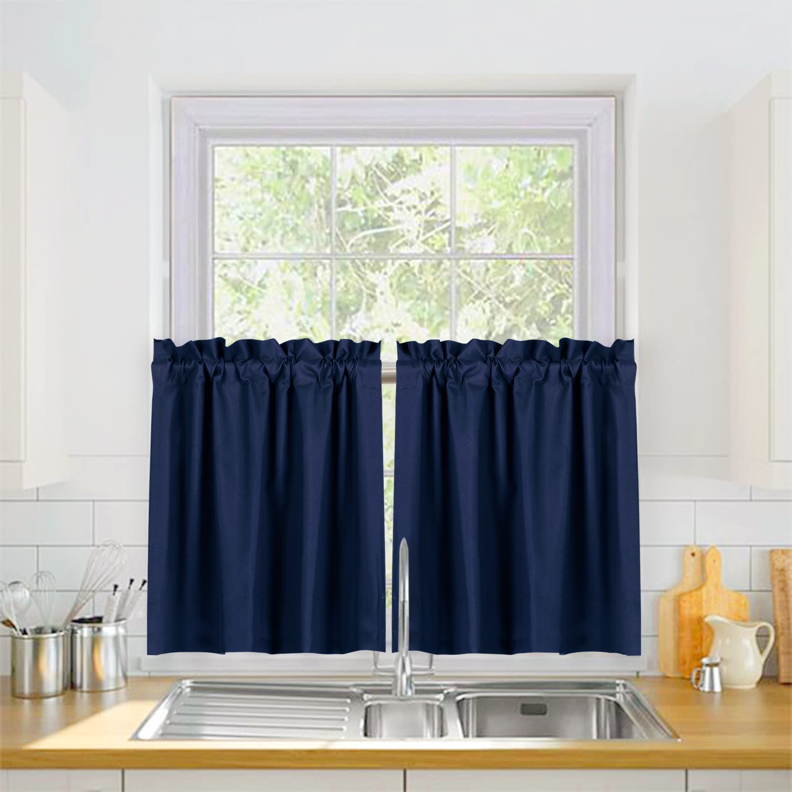 Valea Home Blackout Curtains for Small Windows - Navy Blue Room Darkening Short Curtains (30x24 Inch, 2 Panels) with Rod Pocket - Perfect for Bedroom, Kitchen & Home Decor