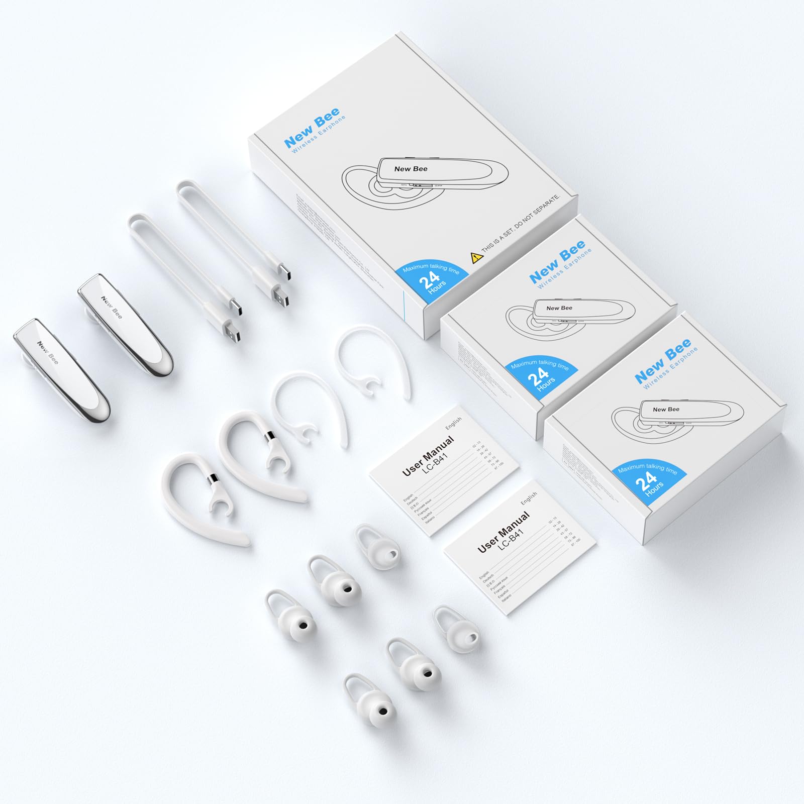 2 Pack Bluetooth 5.0 Wireless Earpiece - 24H Battery Life, 60 Days Standby - Hands-Free Headset for iPhone, Android, Laptop - Perfect for Truck Drivers, Office Work & Online Meetings (White)