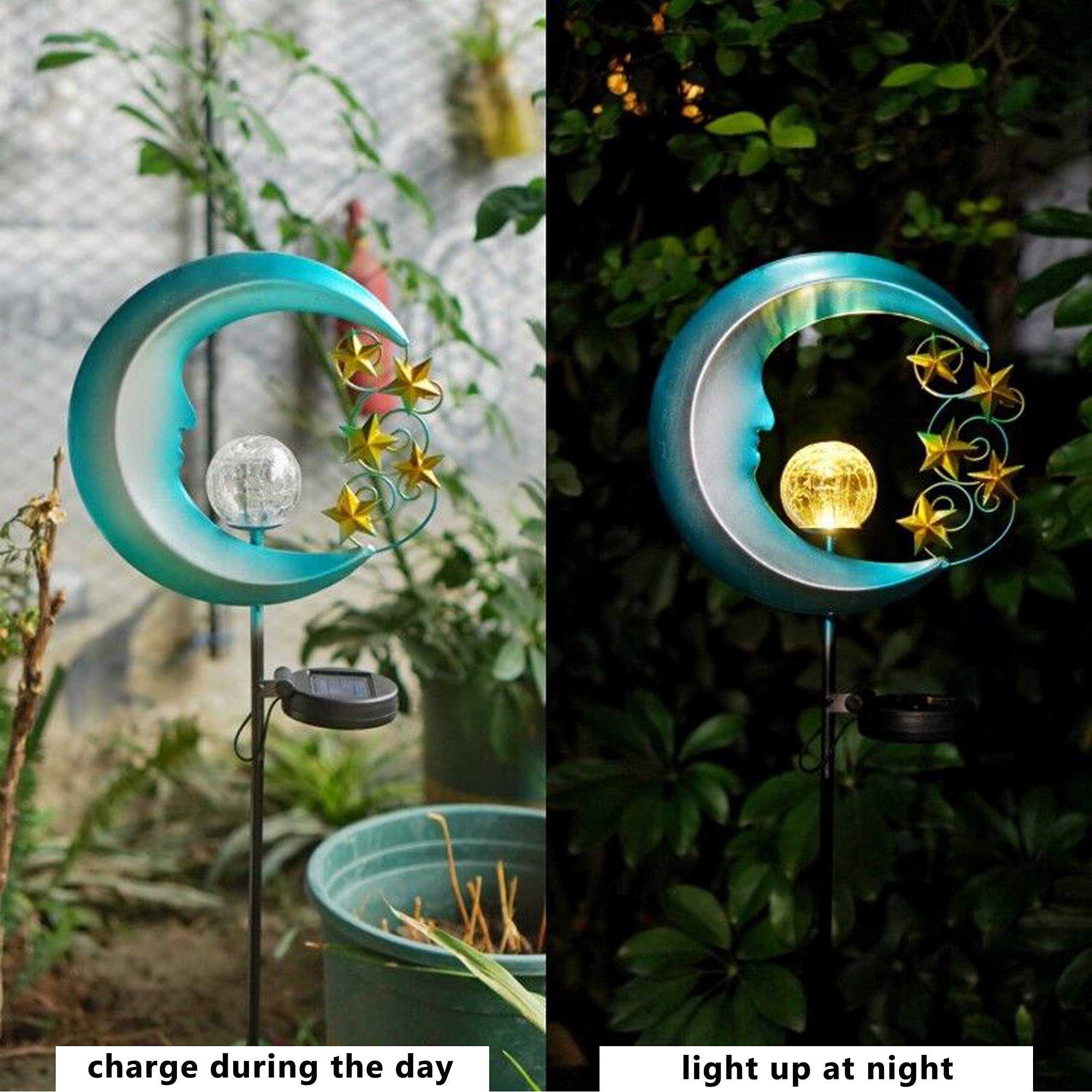 Solar Powered Moon Lights for Outdoor Garden - Waterproof Crackle Glass Ball with Golden Stars, Pathway Stake Lights for Lawn, Patio, Yard Decor (1 Pack, Blue) - Perfect for Romantic Nights, Wedding Decor & Backyard Ambiance