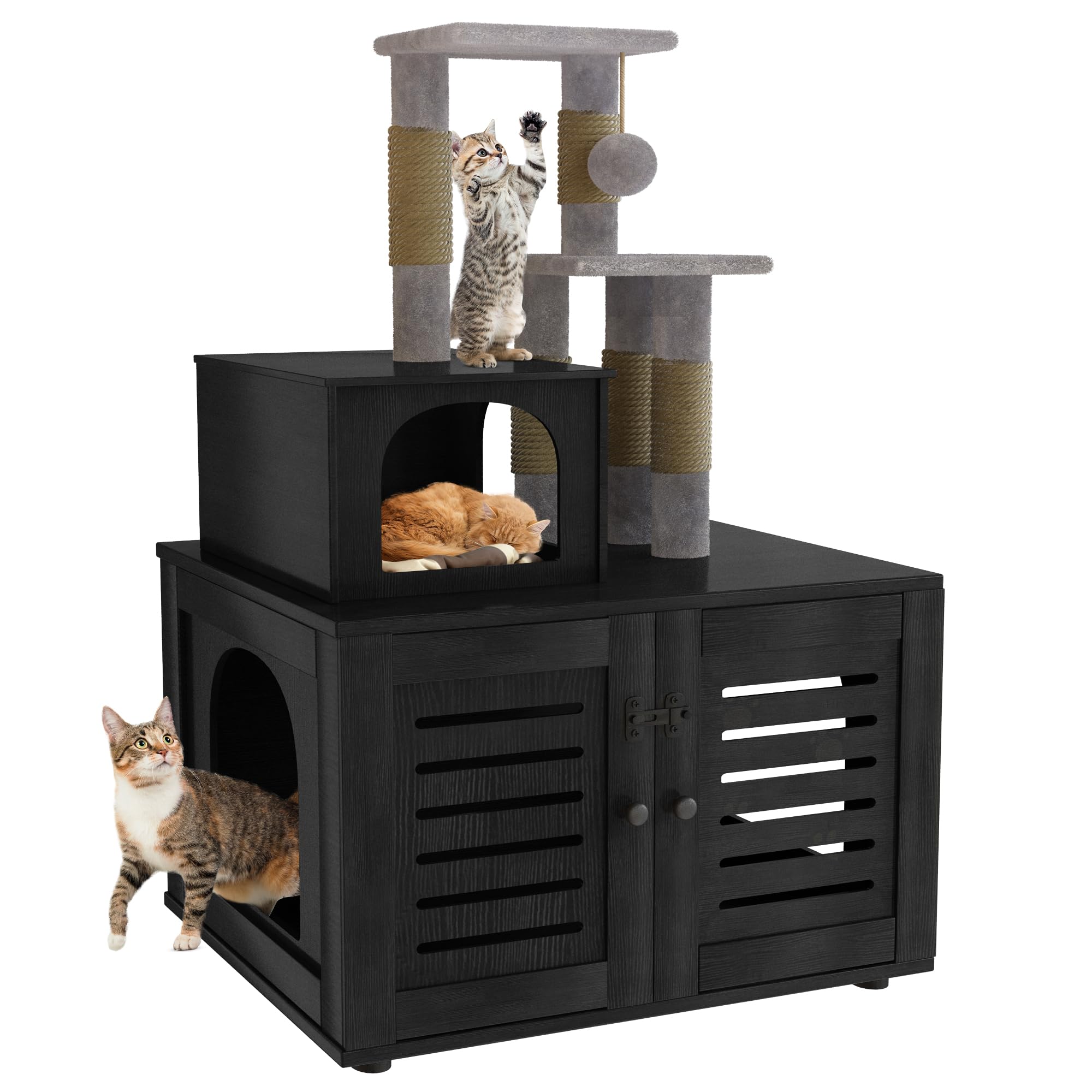 DKLGG Large Wooden Cat Tree with Hidden Litter Box Enclosure - Multi-Level Cat House with Sisal Scratching Post, Plush Perch & Washroom Divider - Perfect for Indoor Cats & Small Spaces