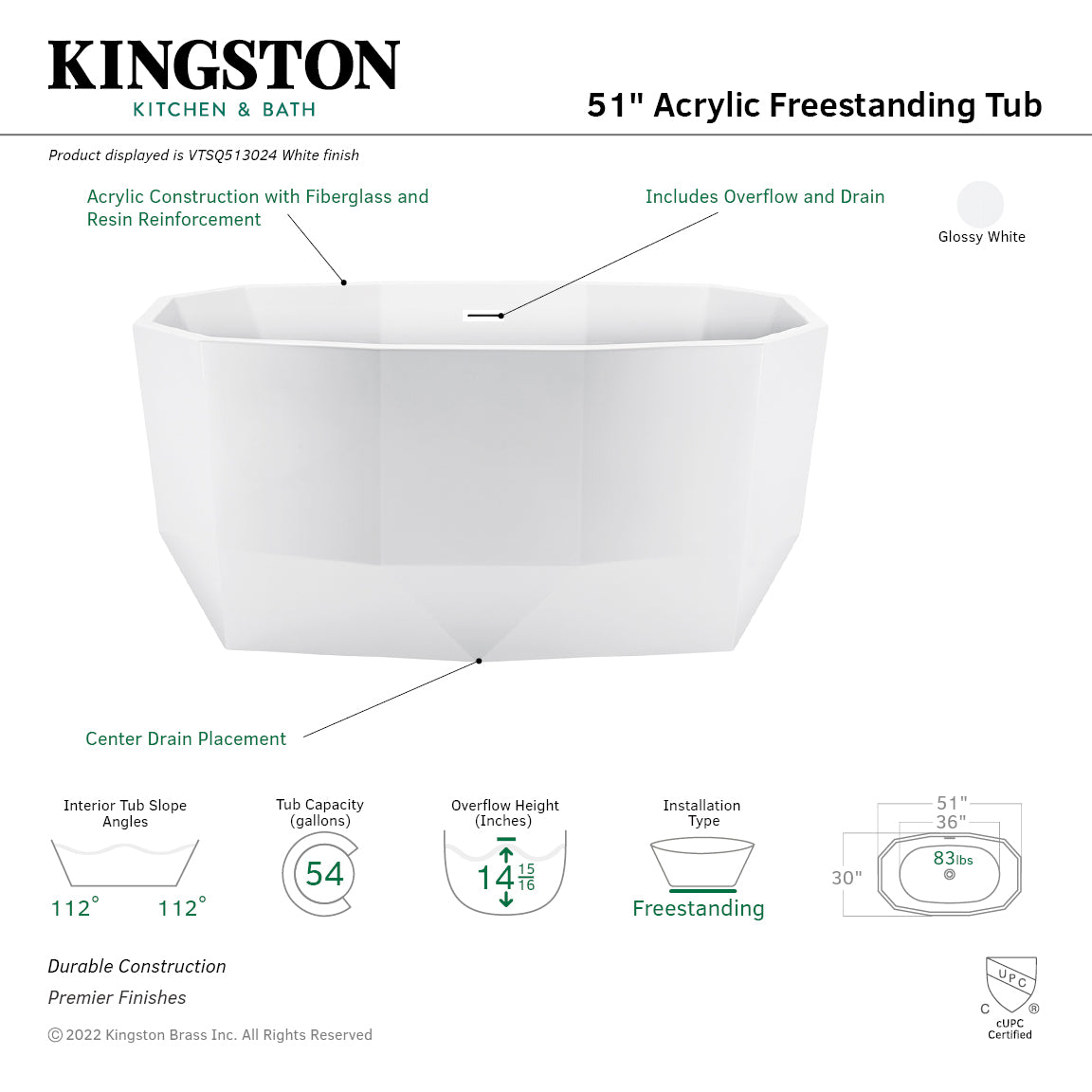 Aqua Eden 51-Inch Acrylic Oval Freestanding Bathtub - Glossy White Double-Ended Soaking Tub with Drain - Perfect for Master Bathrooms & Spa Retreats