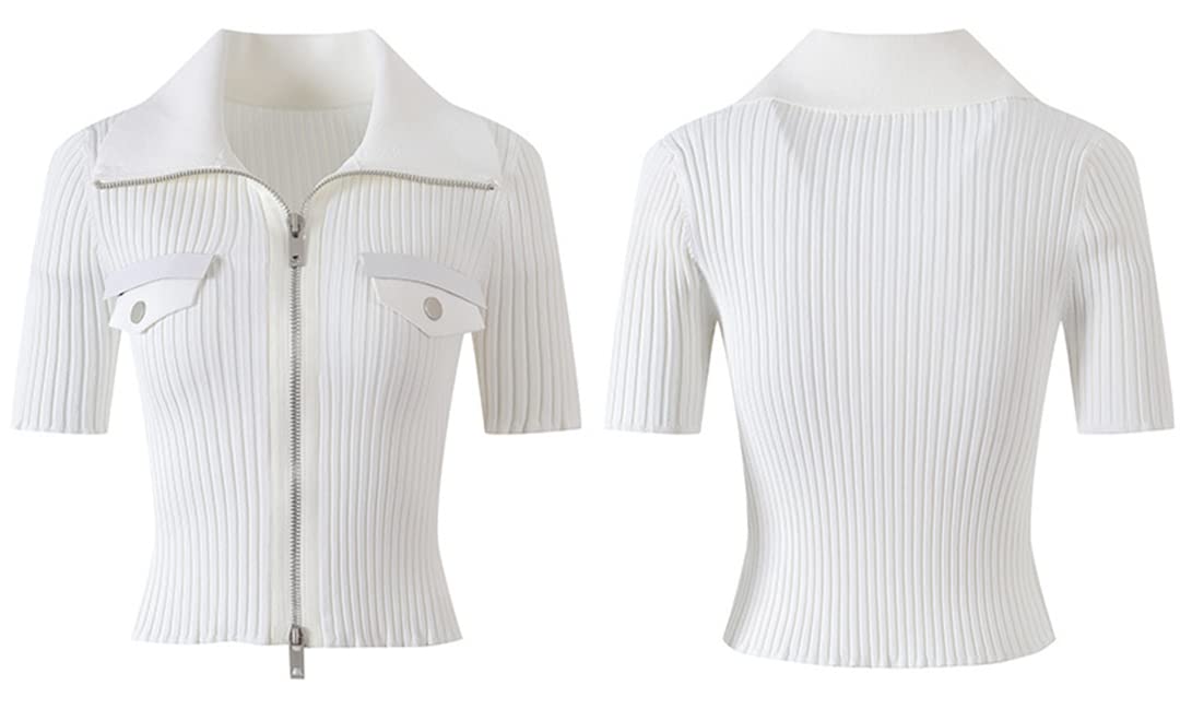 Women's White & Black Knitted Cardigan with Zipper - Short Sleeve Casual Top for Spring/Summer | Perfect for Office Wear, Date Night & Weekend Outfits