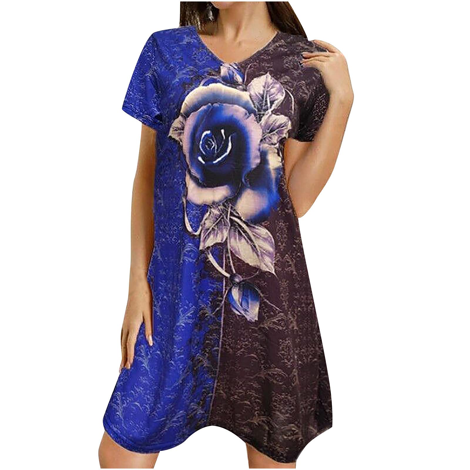 Miximx Plus Size Floral Summer Dress for Women - Casual Short Sleeve V-Neck Knee Length Dress for Beach, Vacation & Outdoor Activities