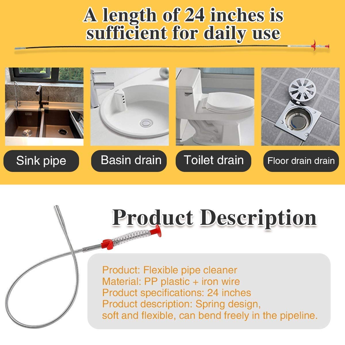 GLIVE Kitchen & Bathroom Sink Drain Cleaner Tool - 90CM Flexible Wire Stick for Hair Clog Removal, Pipe Snake Cleaner, Drain Unclogger - Perfect for Shower, Bathtub & Basin Drain Maintenance