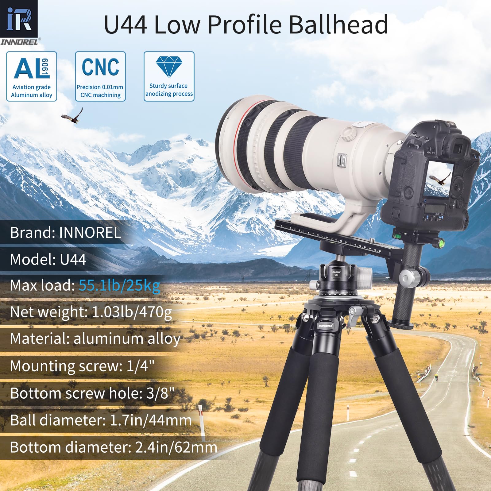 INNOREL 44mm Low Profile Camera Tripod Ball Head - CNC Metal Heavy Duty 360° Panoramic Tripod Head with Arca 1/4