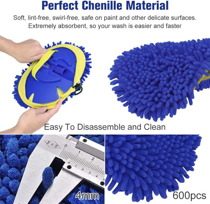 2 in 1 Telescopic Chenille Car Wash Mop with Removable Wash Mitt (1.75-3.75 ft Extension) - Premium Car Cleaning Kit for Easy Washing, Waxing & Drying - Perfect for Sedans, SUVs & Trucks