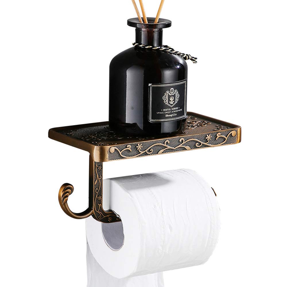 Vintage Carved Toilet Paper Holder with Phone Shelf & Hook - Space Saving Aluminum Bathroom Tissue Holder - Wall Mounted WC Paper Rack for Home, Office, and RV Bathrooms